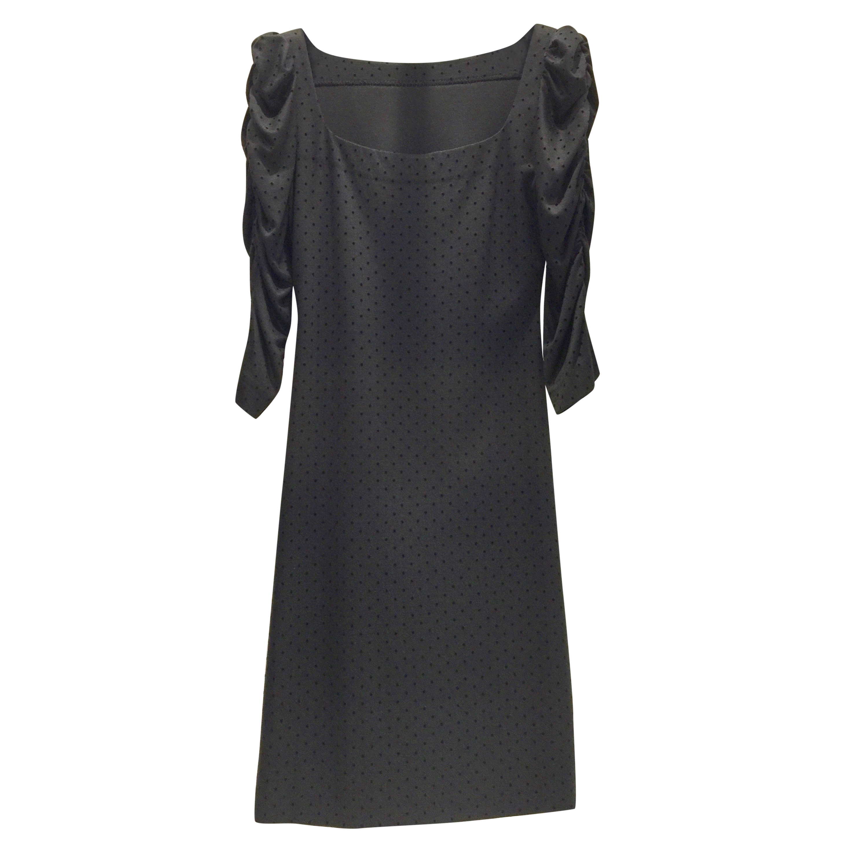 French Couture Black Jersey  Velvet Dot Square Neck Dress Size S