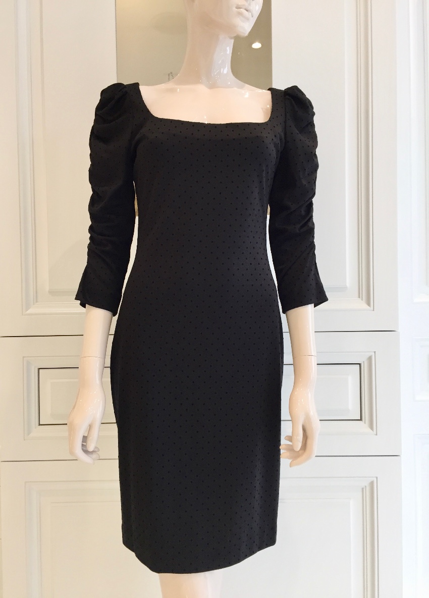 French Couture Black Jersey  Velvet Dot Square Neck Dress Size S