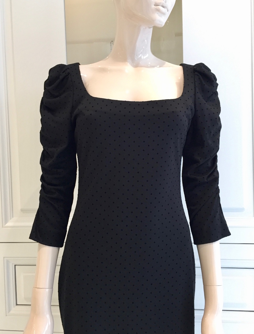 French Couture Black Jersey  Velvet Dot Square Neck Dress Size S