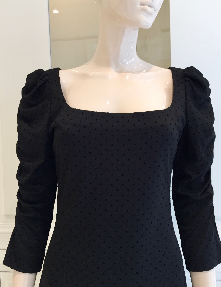 French Couture Black Jersey  Velvet Dot Square Neck Dress Size S