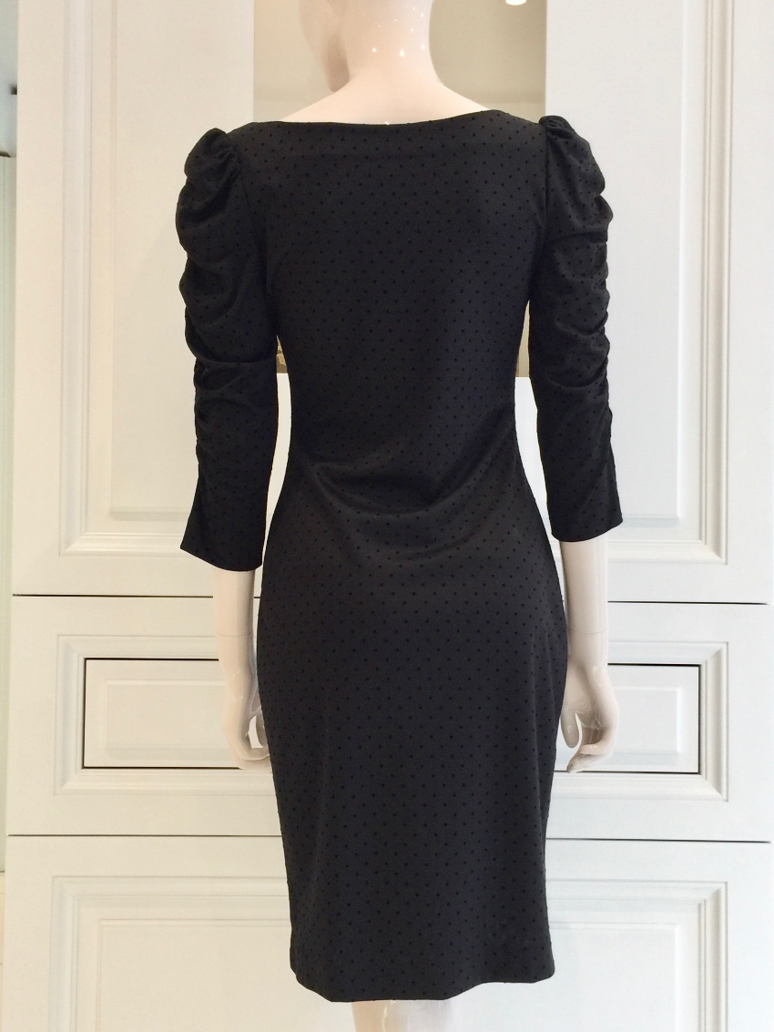 French Couture Black Jersey  Velvet Dot Square Neck Dress Size S