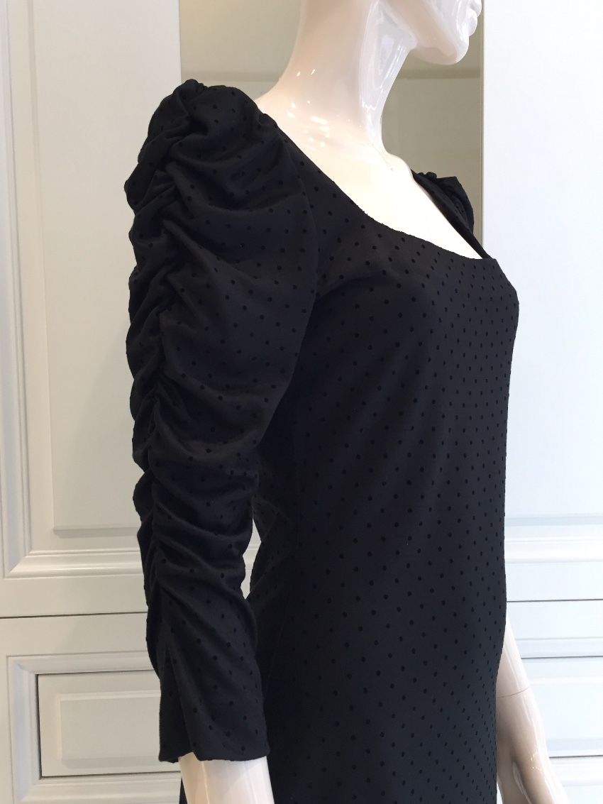 French Couture Black Jersey  Velvet Dot Square Neck Dress Size S