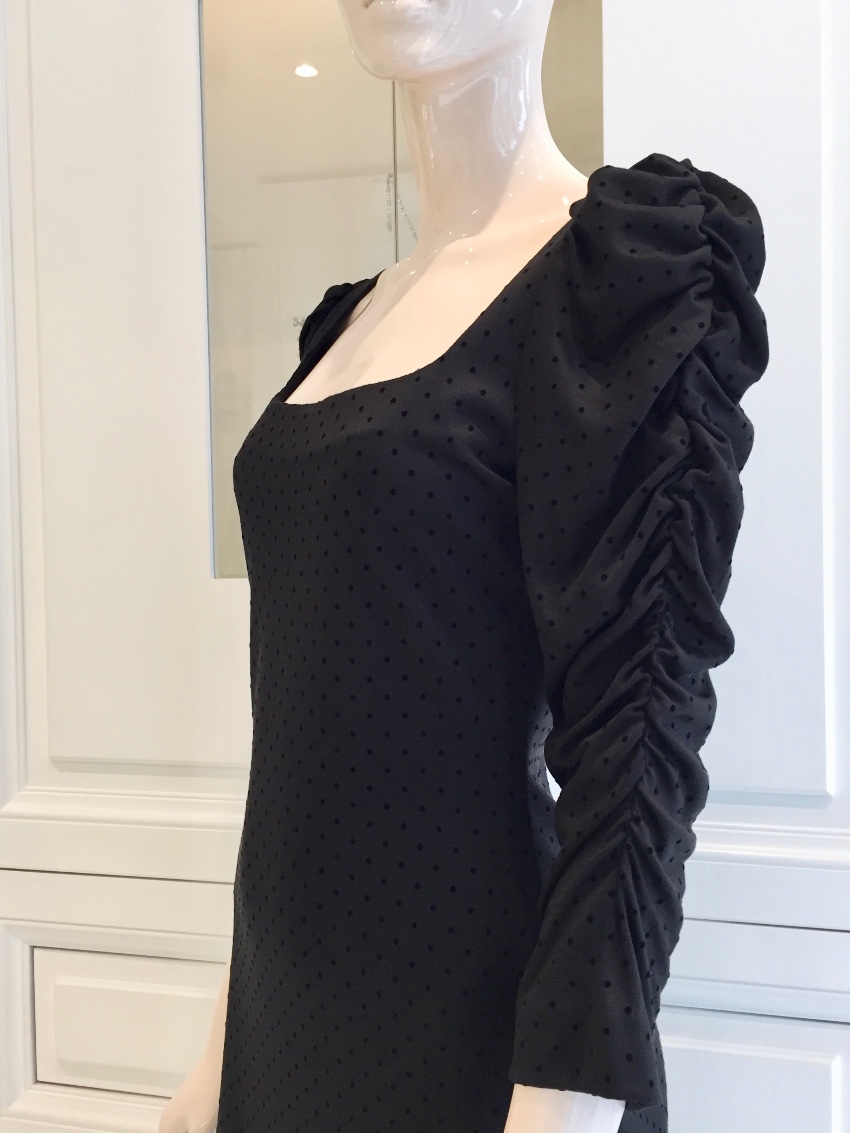 French Couture Black Jersey  Velvet Dot Square Neck Dress Size S