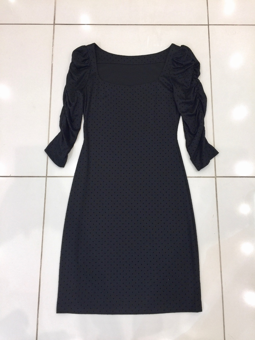 French Couture Black Jersey  Velvet Dot Square Neck Dress Size S