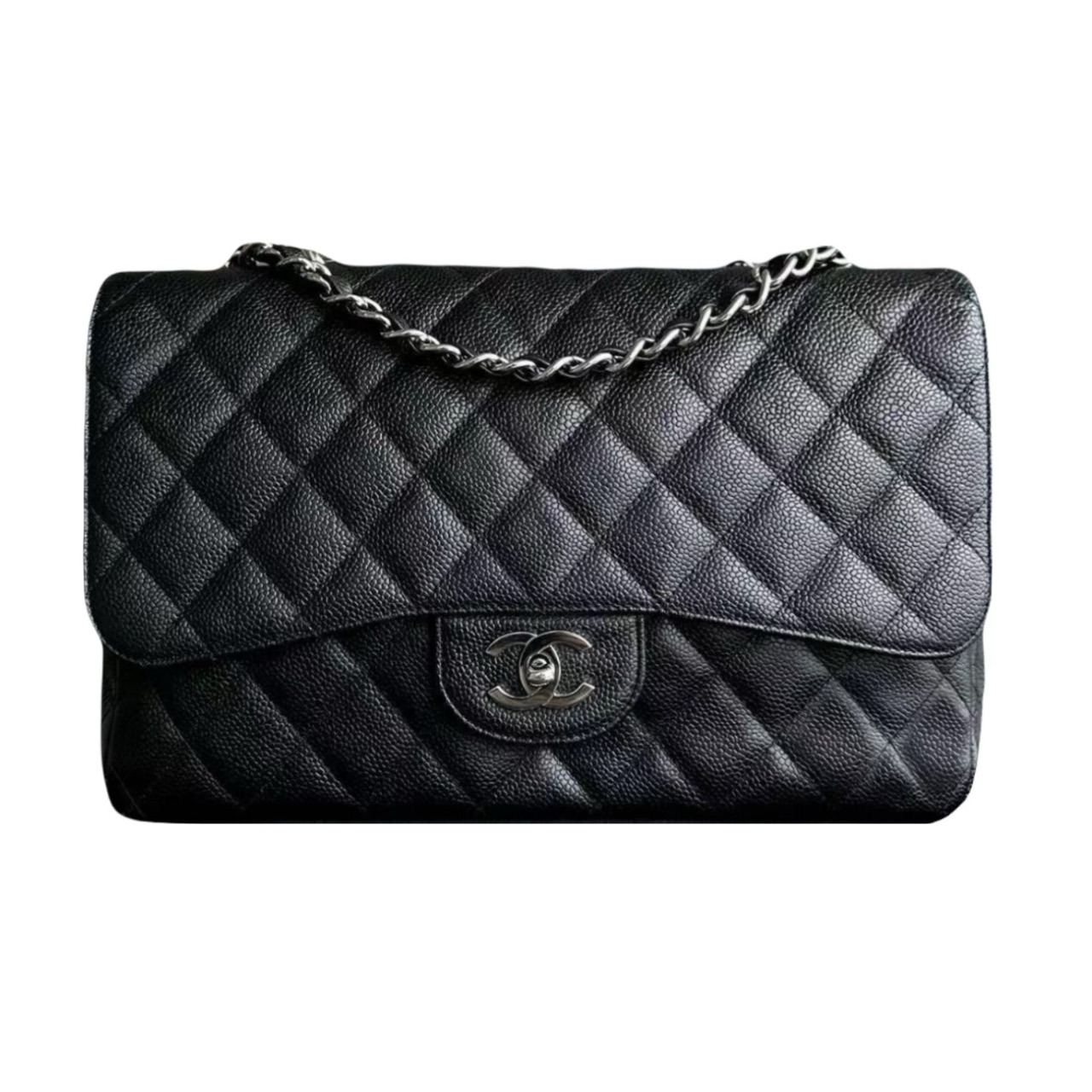 Preowned Chanel Black Caviar Leather Jumbo Single Flap Bag