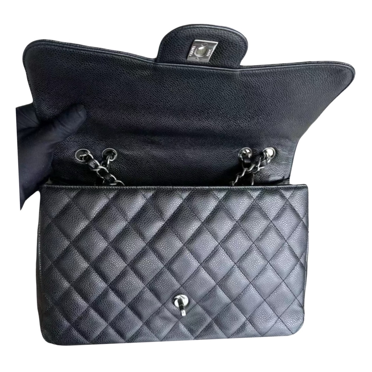 Preowned Chanel Black Caviar Leather Jumbo Single Flap Bag