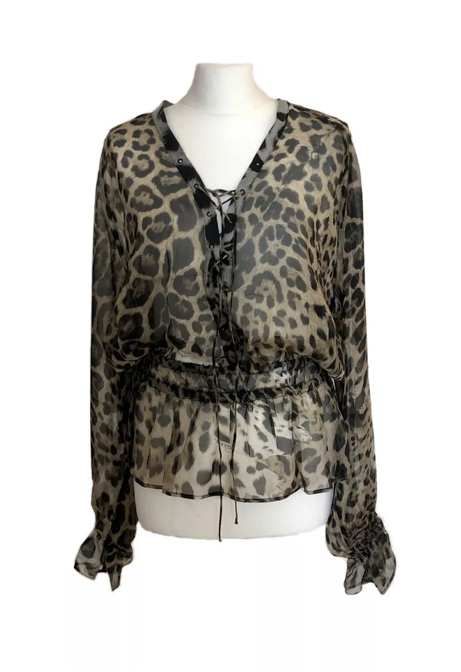 Roberto Cavalli Sheer Silk Leopard Print Blouse Size S