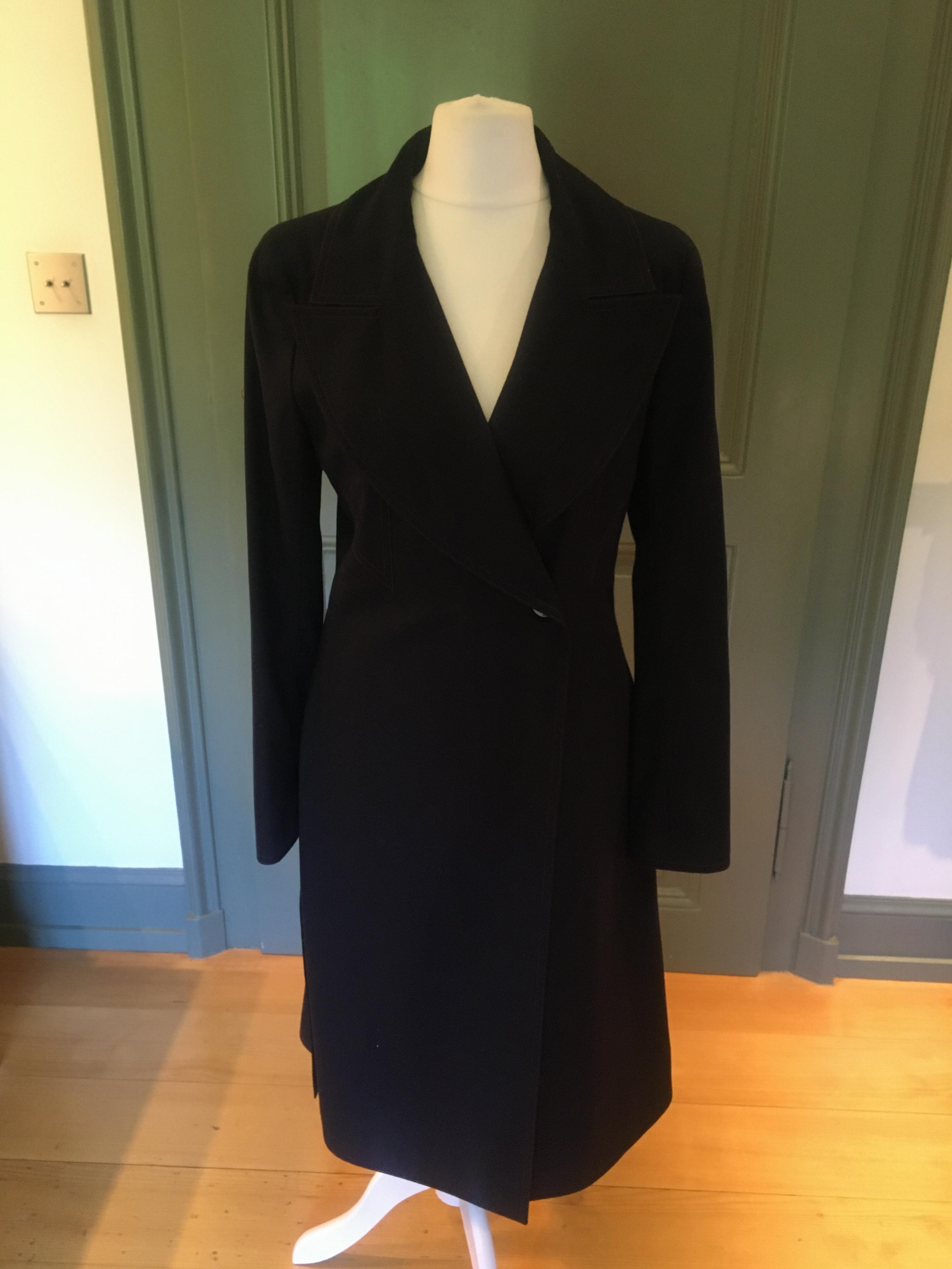 Preowned Chanel Navy Contrast Stitch Lightweight Wool Coat Size XS Blue