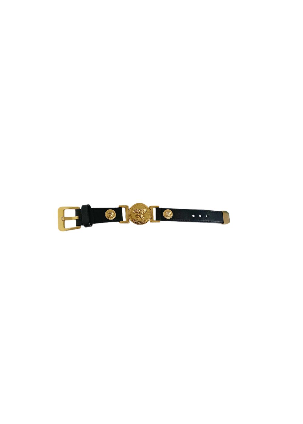 Preowned Versace Black leather  gold-tone metal Medusa bracelet Black and gold trim