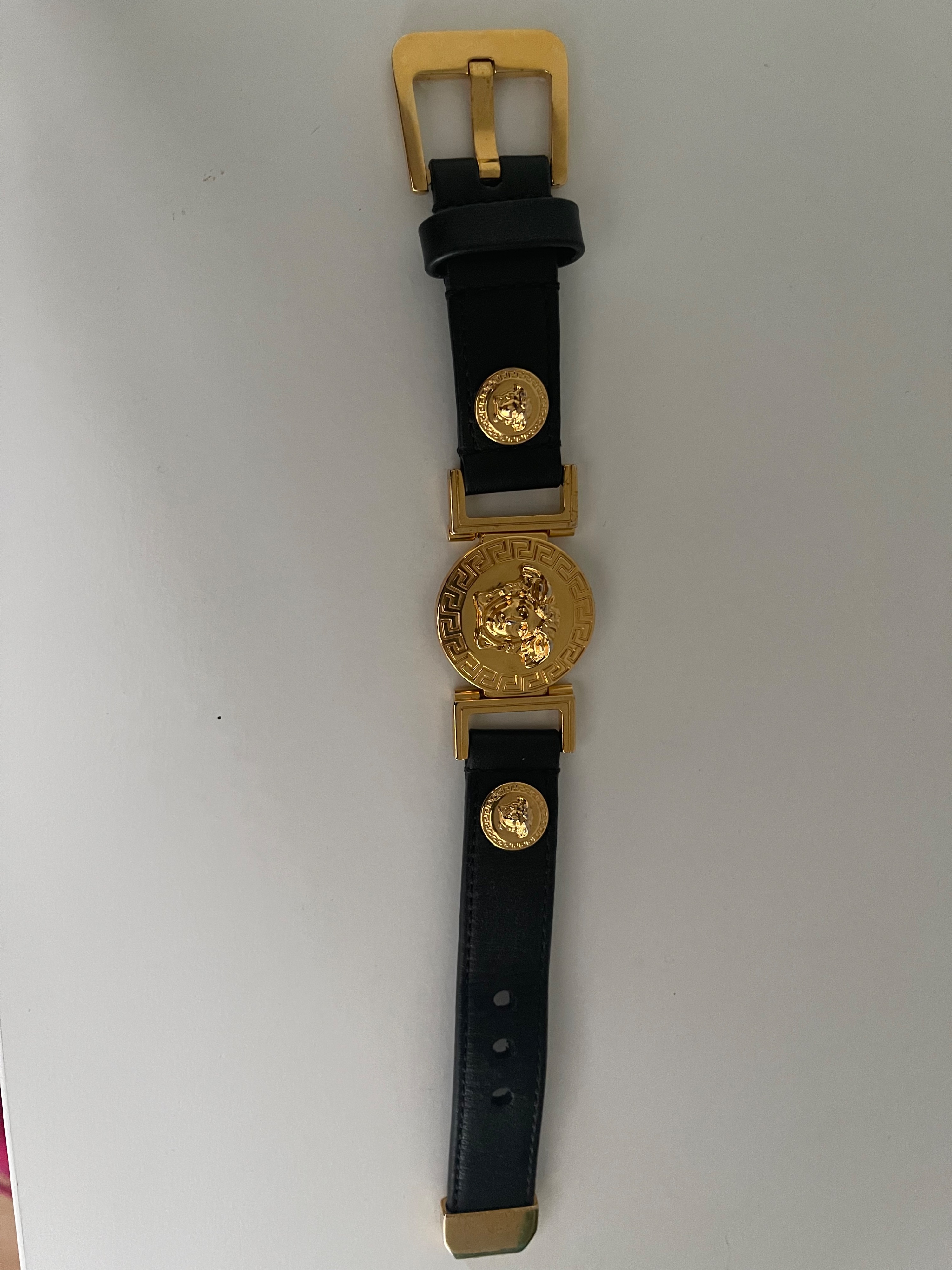 Preowned Versace Black leather  gold-tone metal Medusa bracelet Black and gold trim