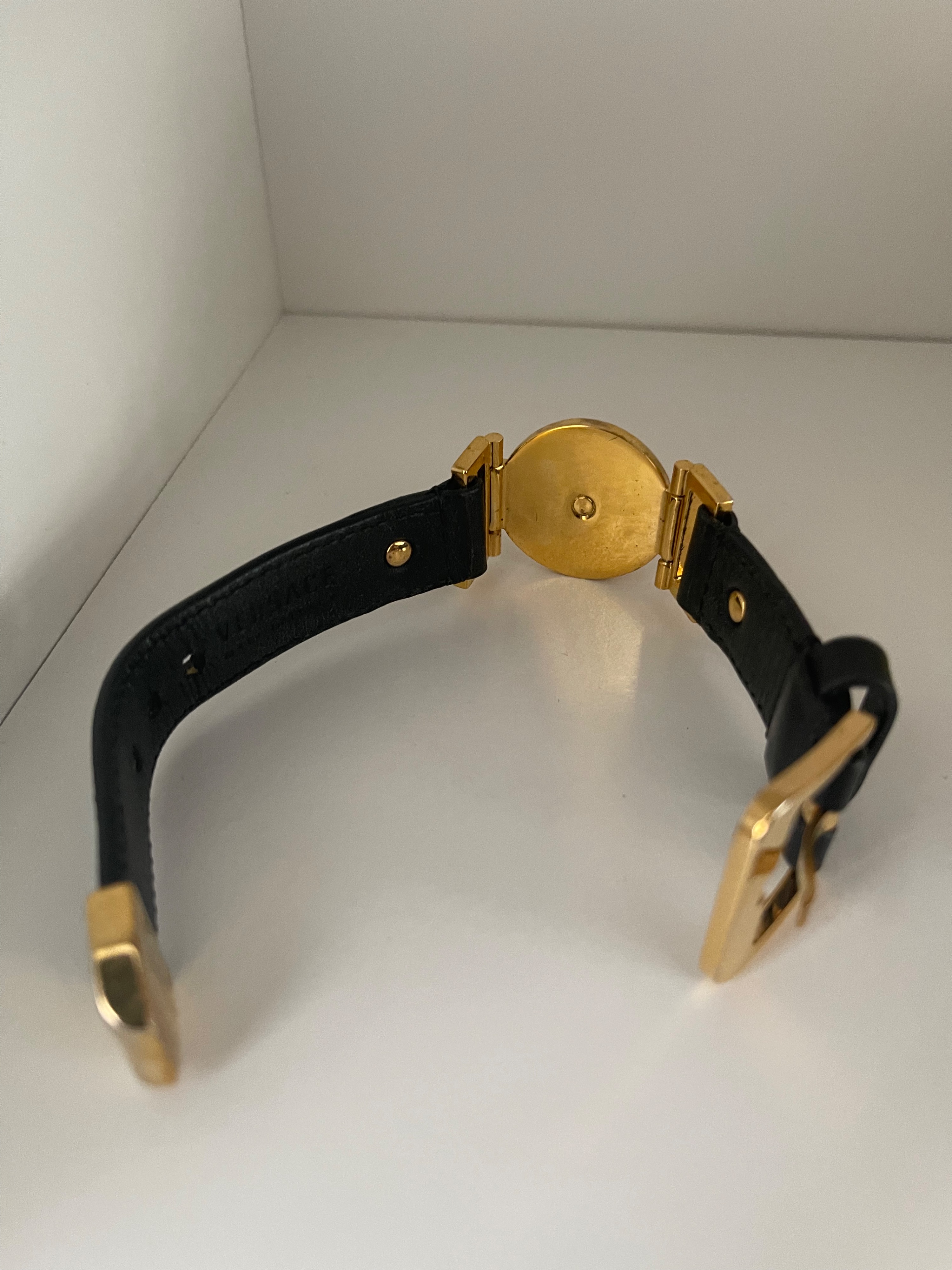 Preowned Versace Black leather  gold-tone metal Medusa bracelet Black and gold trim