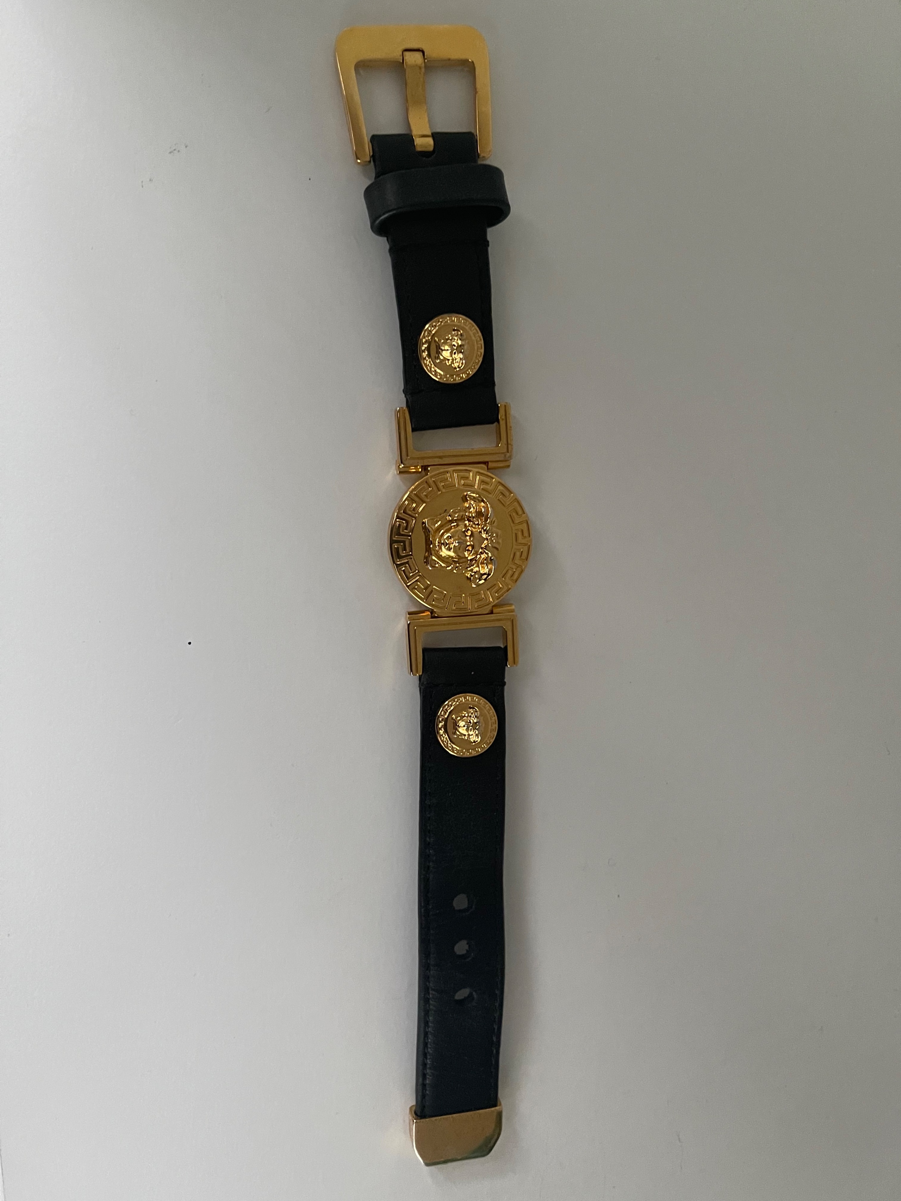 Preowned Versace Black leather  gold-tone metal Medusa bracelet Black and gold trim