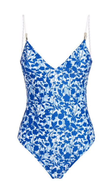 Heidi Klein Blue Floral Tuscany Plunge Swimsuit Size XL Blue/floral recycled polyamide/elastane