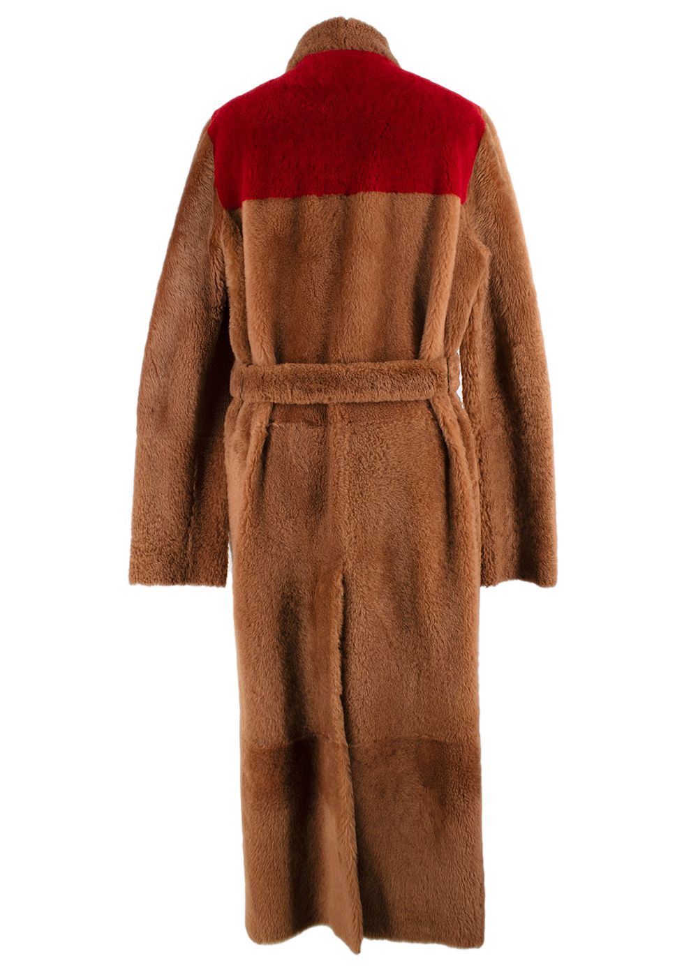 Ines  Marechal Brown Shearling Coat with Red Back Panel Size XXS brown red leather