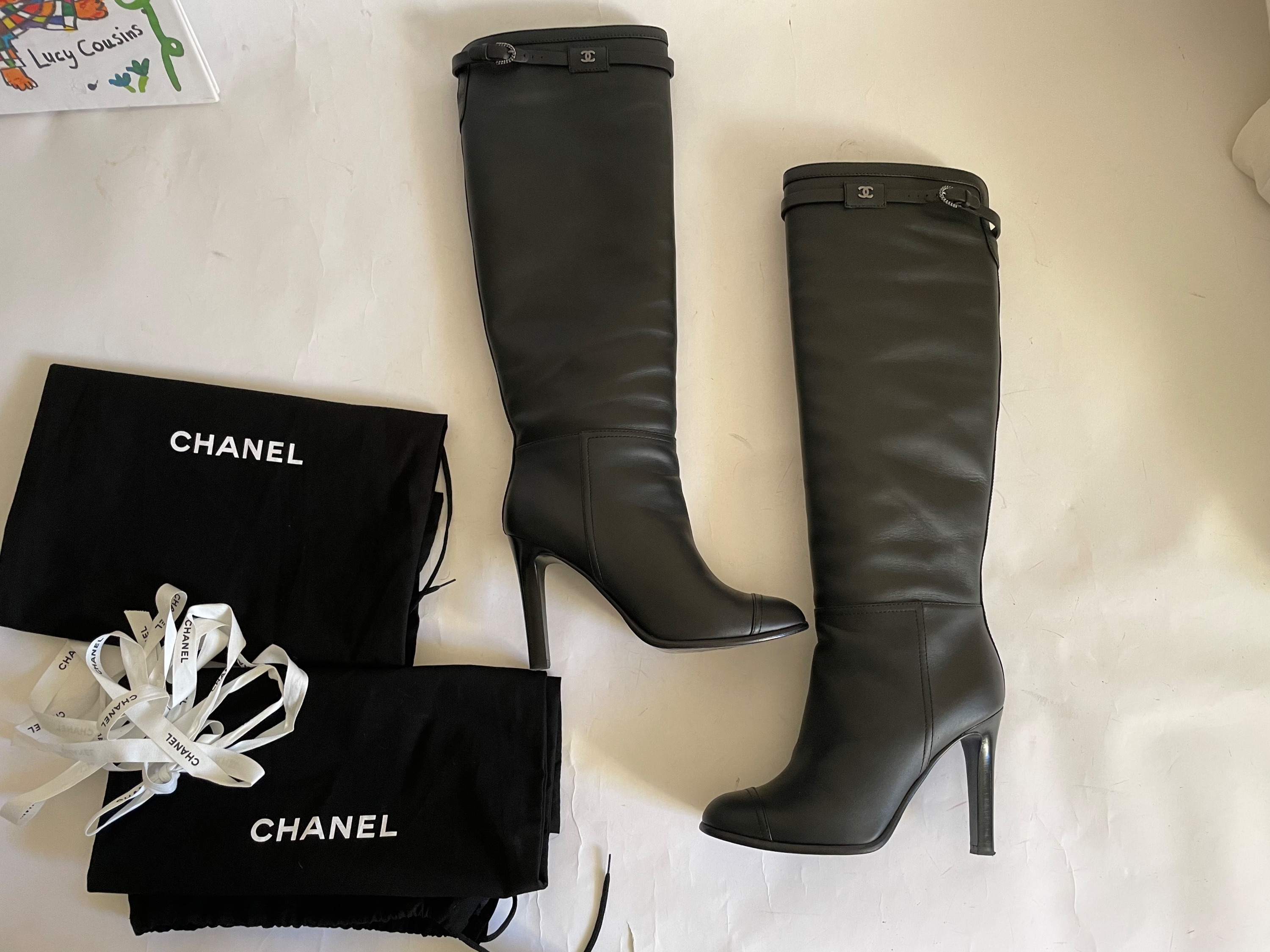 Preowned Chanel Black Leather CC Heeled Knee High Boots Size 365