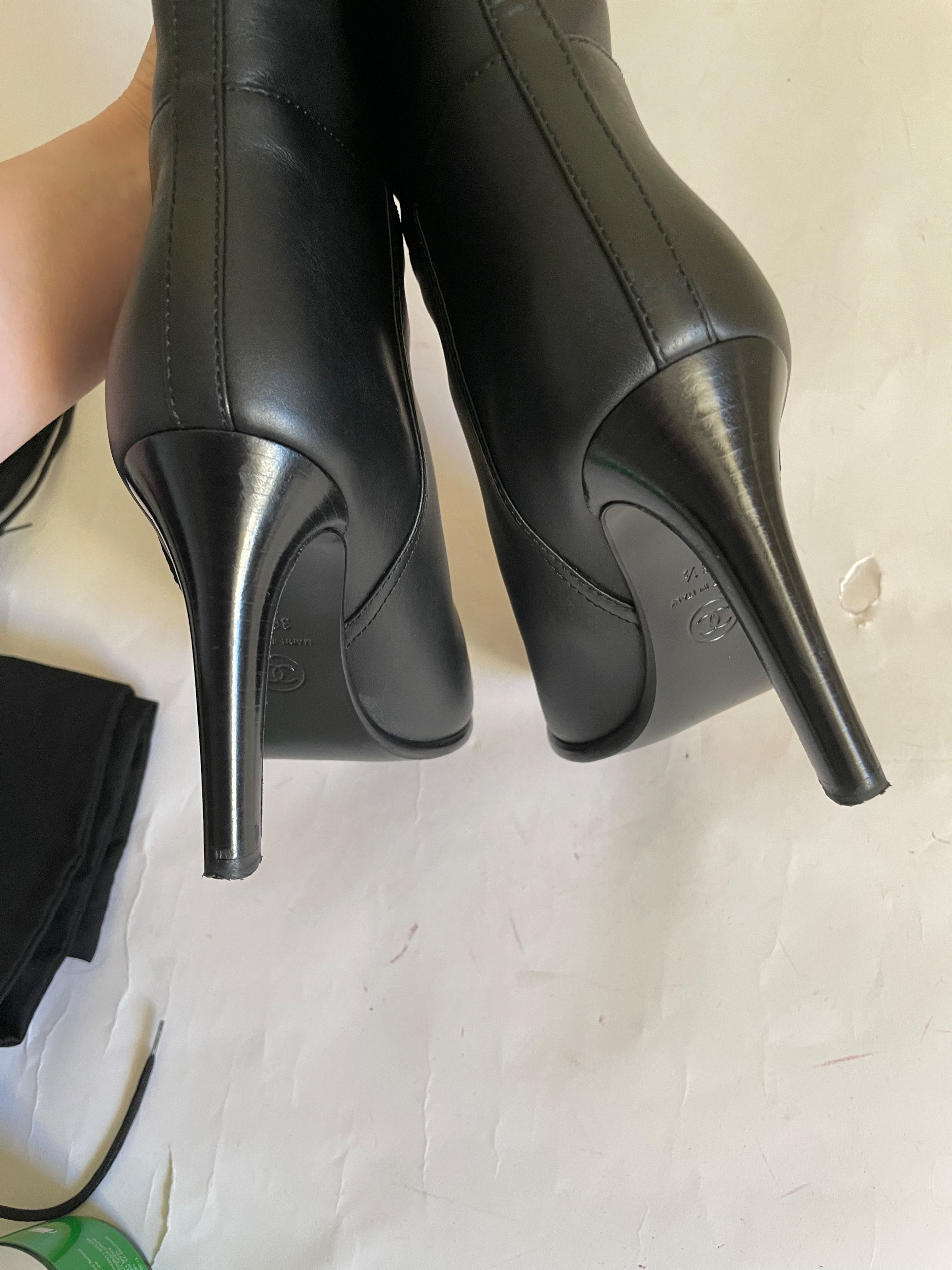 Preowned Chanel Black Leather CC Heeled Knee High Boots Size 365