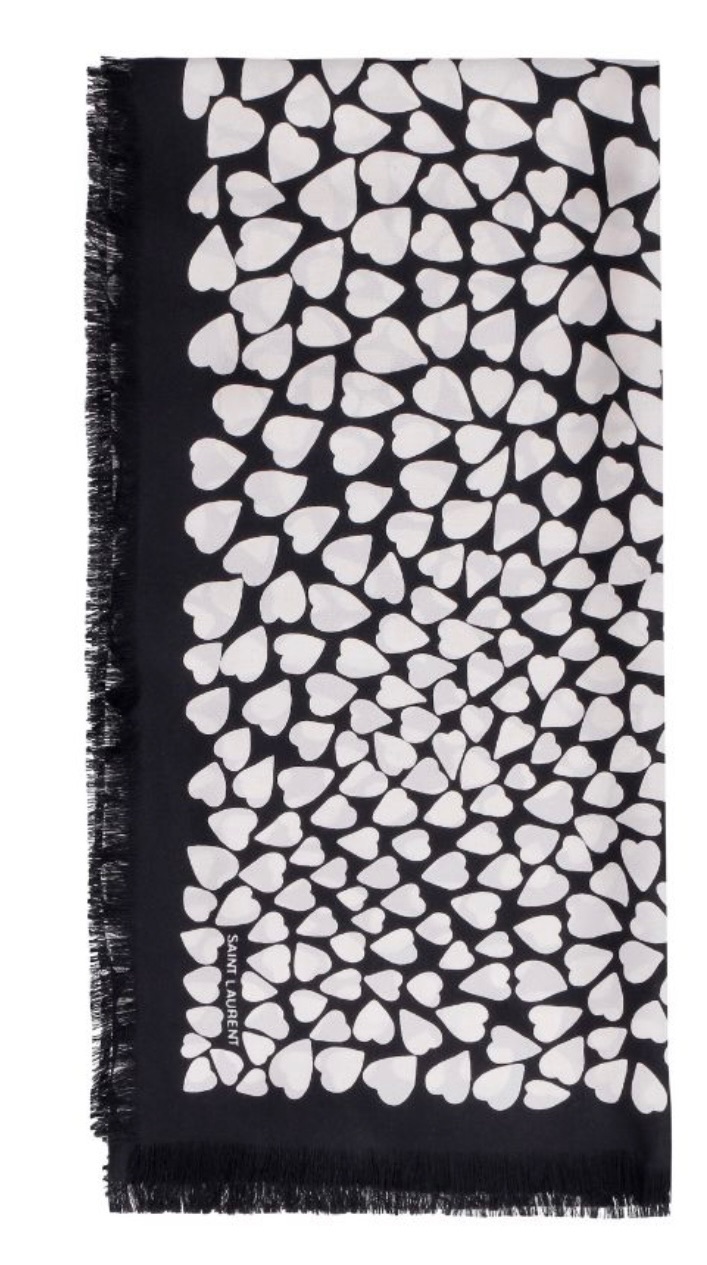 Saint Laurent Black Heart Printed Silk Scarf black, white