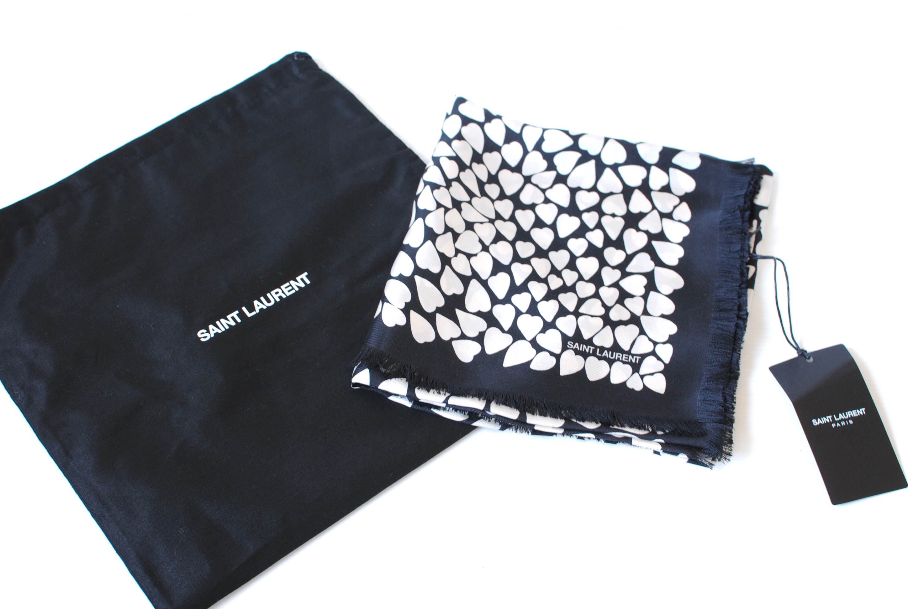 Saint Laurent Black Heart Printed Silk Scarf black, white