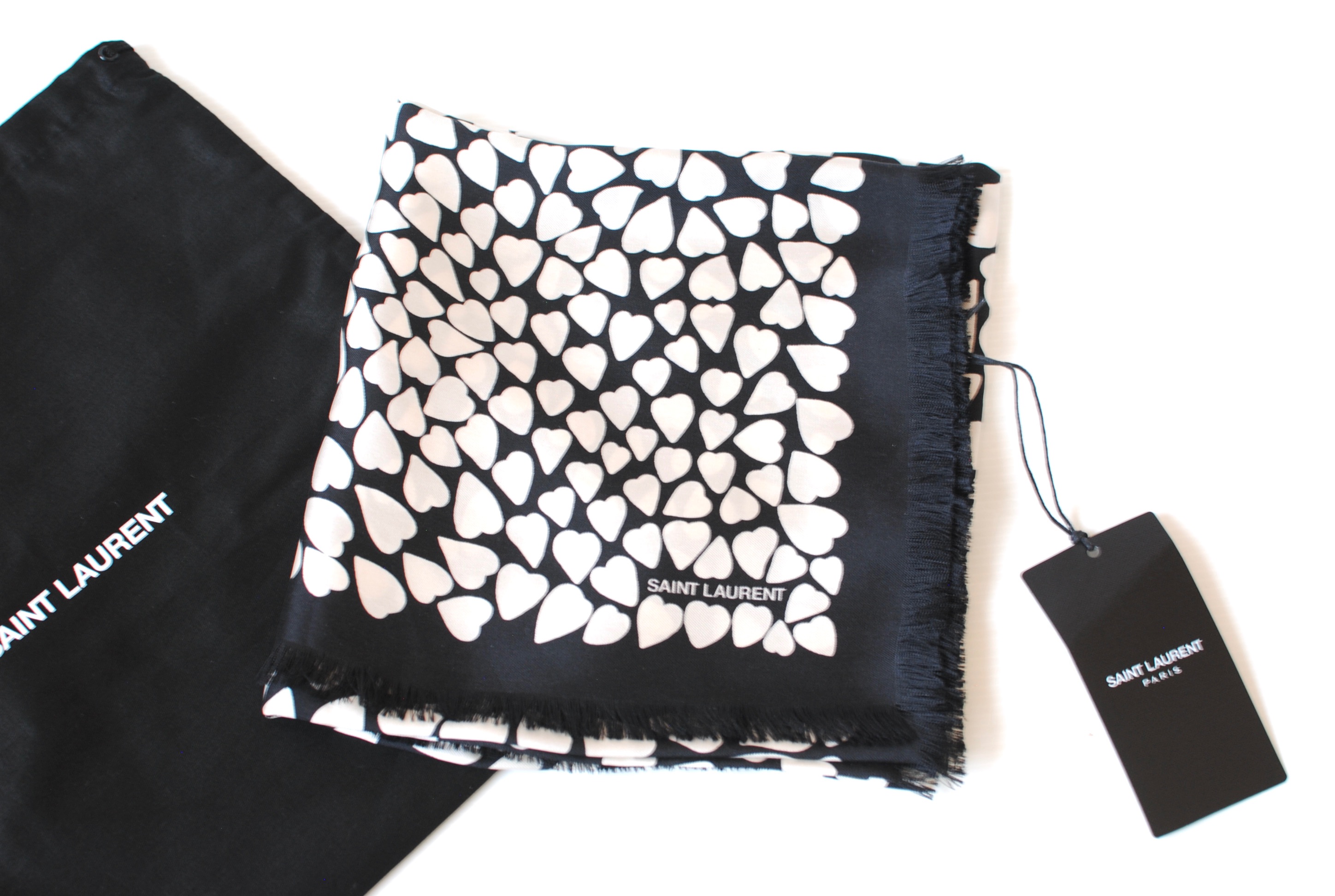 Saint Laurent Black Heart Printed Silk Scarf black, white