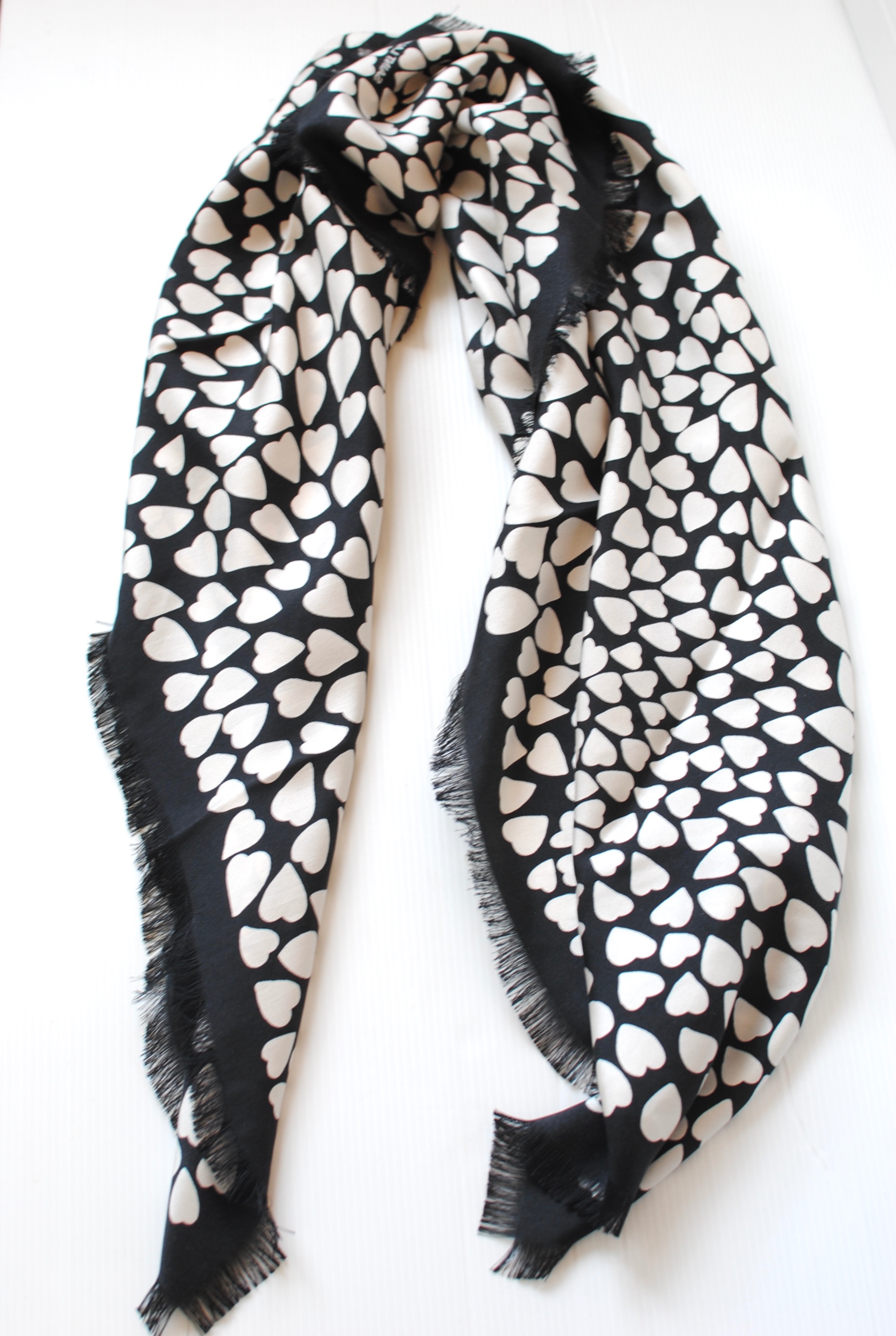 Saint Laurent Black Heart Printed Silk Scarf black, white