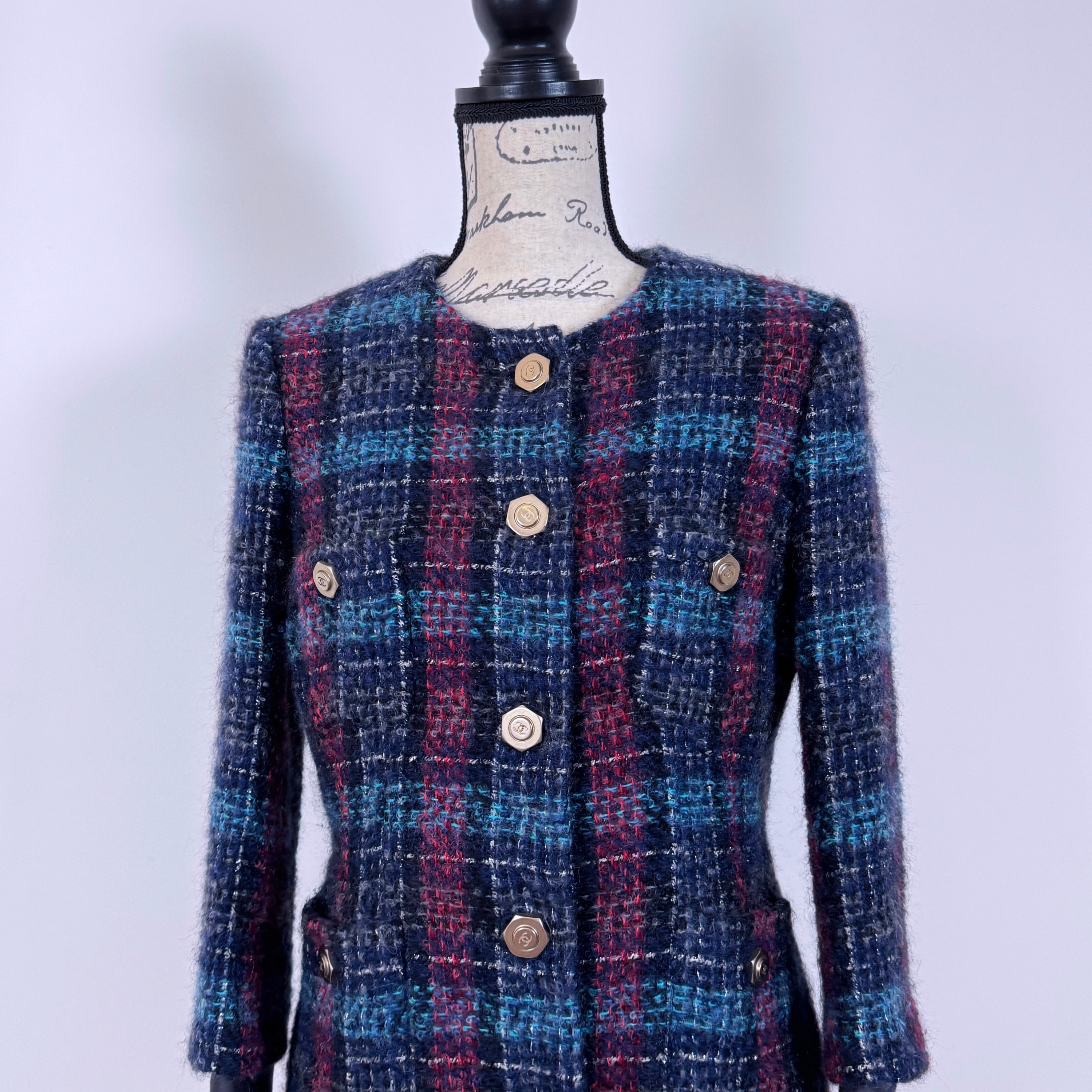 Chanel Multicoloured Tweed Jacket with Gold Button Detail Size M blue