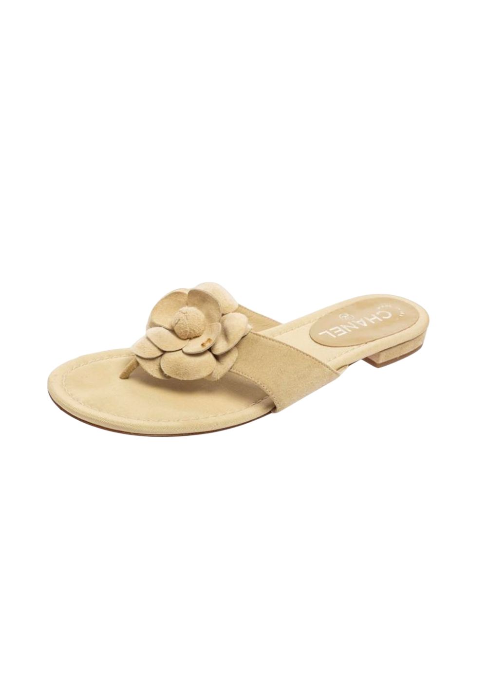 Preowned Chanel Canvas and Suede Camellia Thong Sandals Size 38 Beige