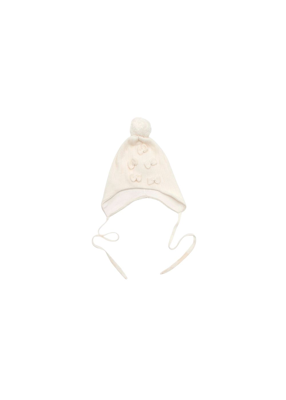 Boys Preowned Il Trenino White Wool Knit Beanie with a Pom Pom and Bows