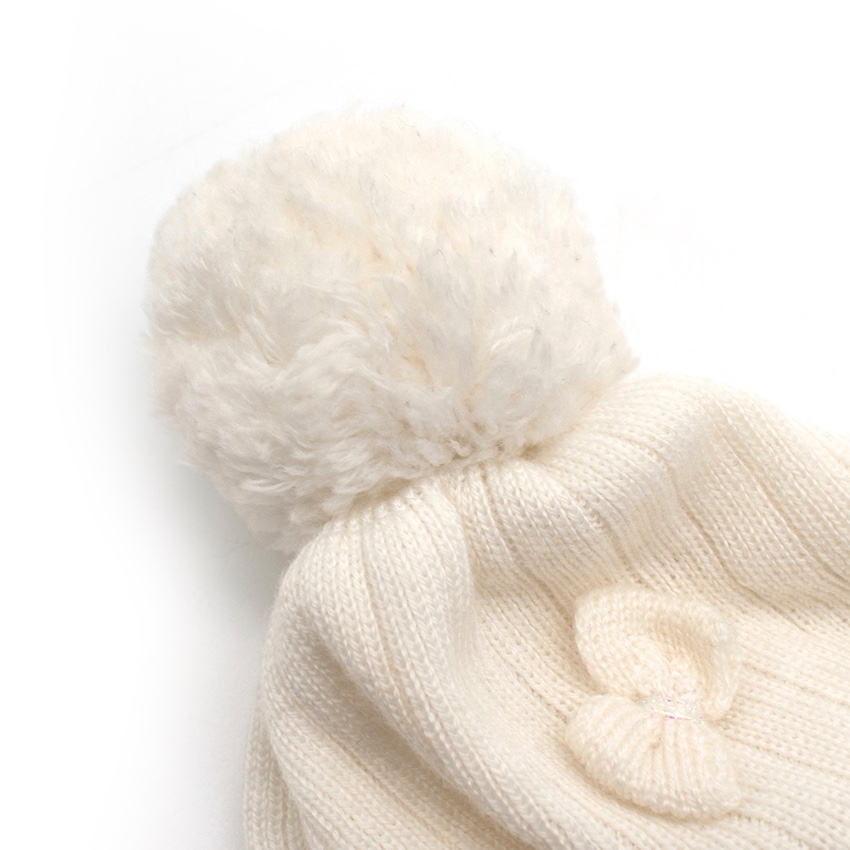 Boys Preowned Il Trenino White Wool Knit Beanie with a Pom Pom and Bows