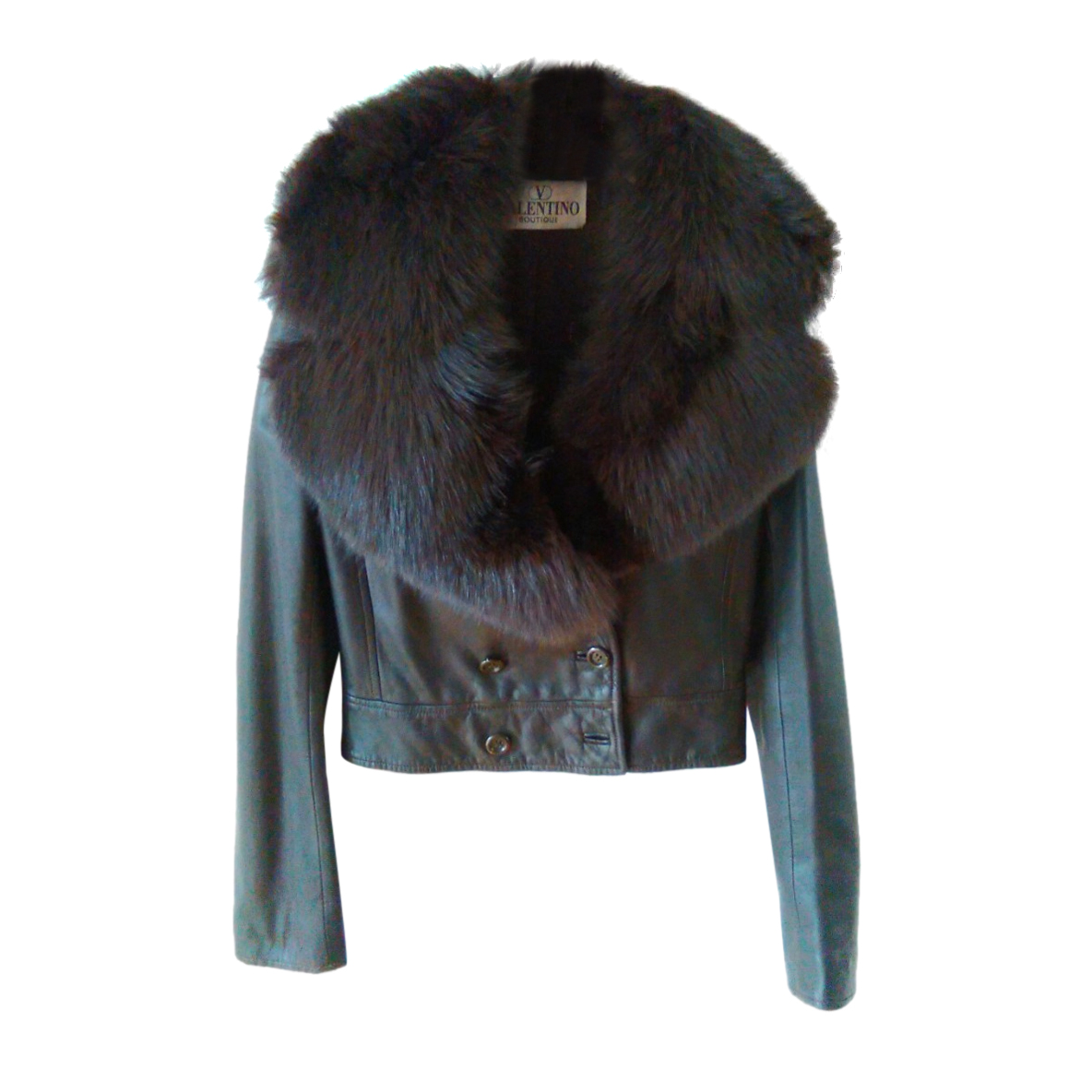 Preowned Valentino Vintage Leather Jacket with Fox Fur Collar Tan/Brown