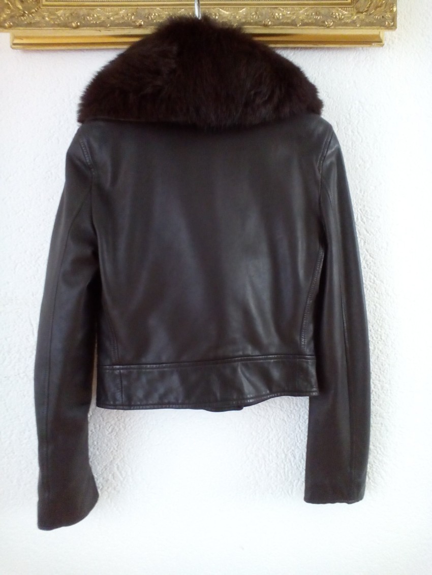 Preowned Valentino Vintage Leather Jacket with Fox Fur Collar Tan/Brown