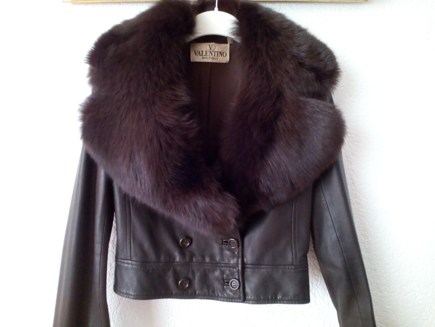 Preowned Valentino Vintage Leather Jacket with Fox Fur Collar Tan/Brown