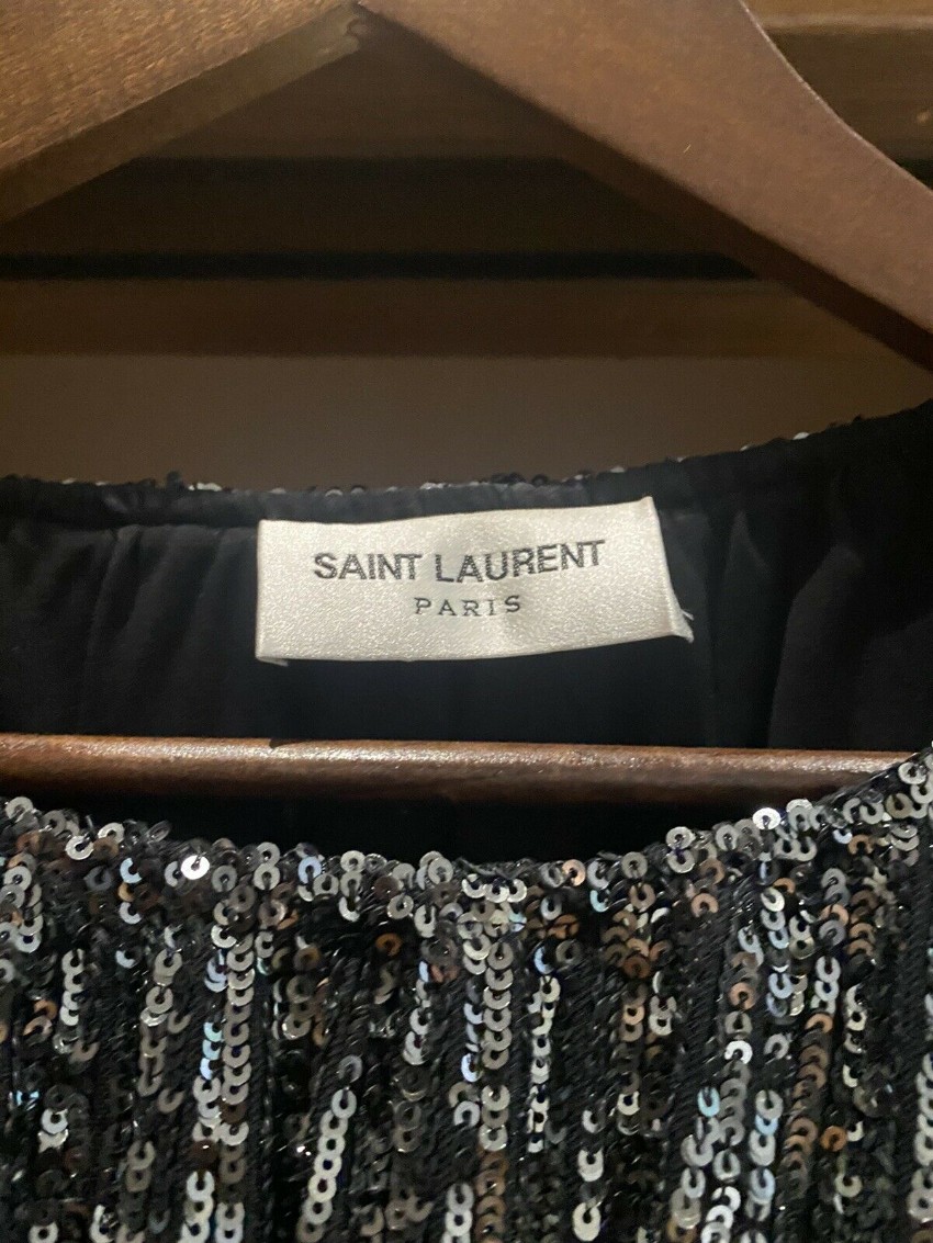 Saint Laurent Black Sequin Long Sleeve Mini Dress Size M