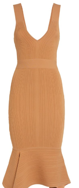 Herve Leger Toffee Ribbed Fishtail  Midi Dress Size XS Tan viscose/nylon/polyester