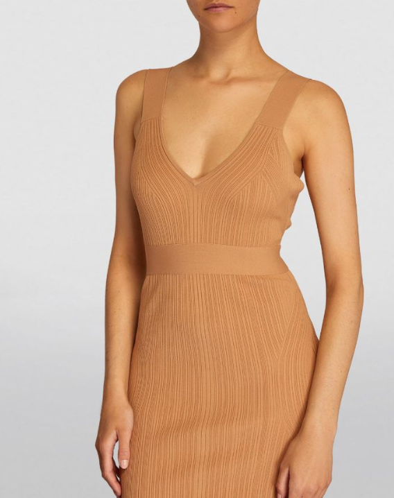 Herve Leger Toffee Ribbed Fishtail  Midi Dress Size XS Tan viscose/nylon/polyester