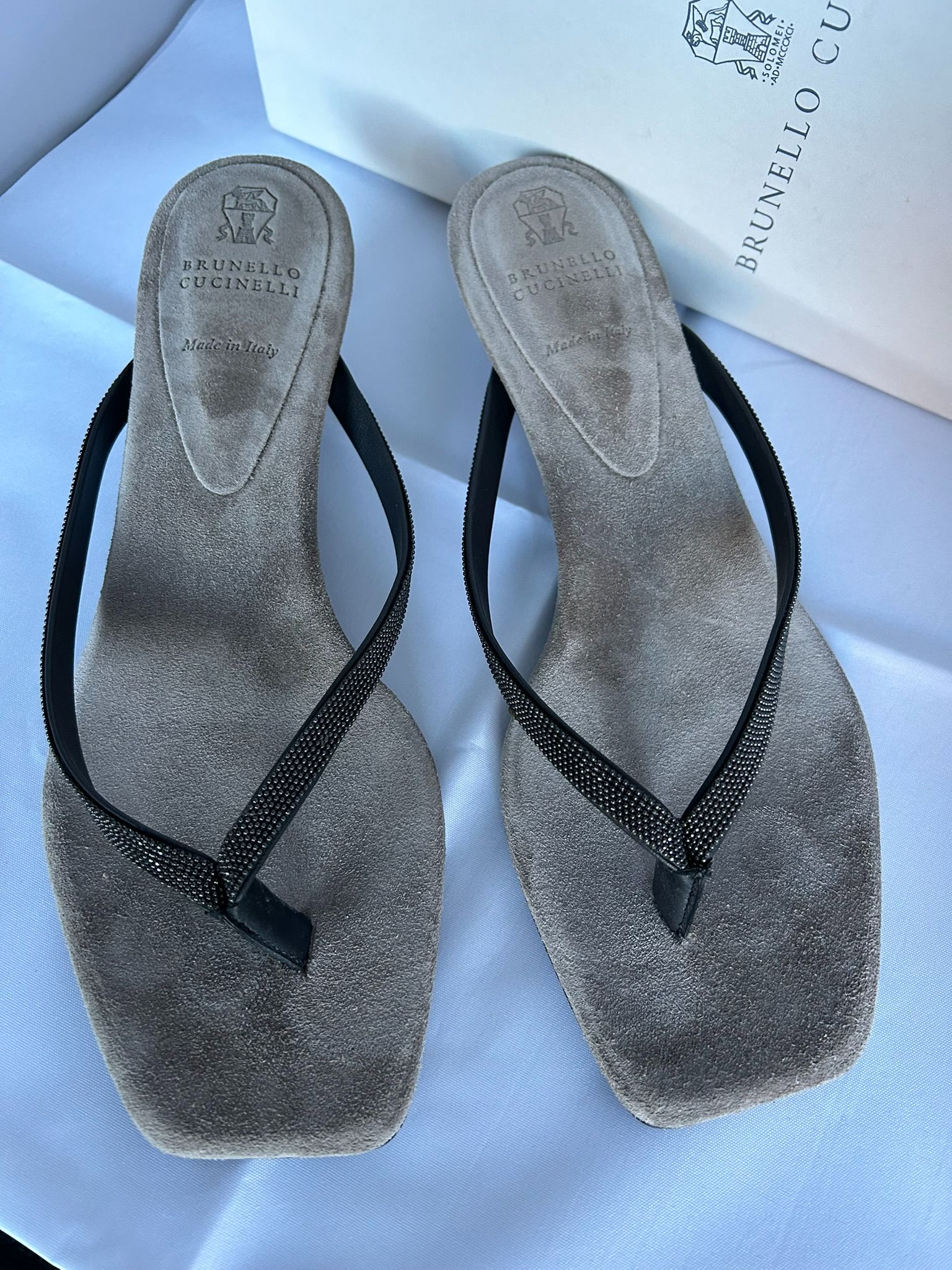 Brunello Cucinelli Kitten Heel Thong Sandals Size 37 grey suede