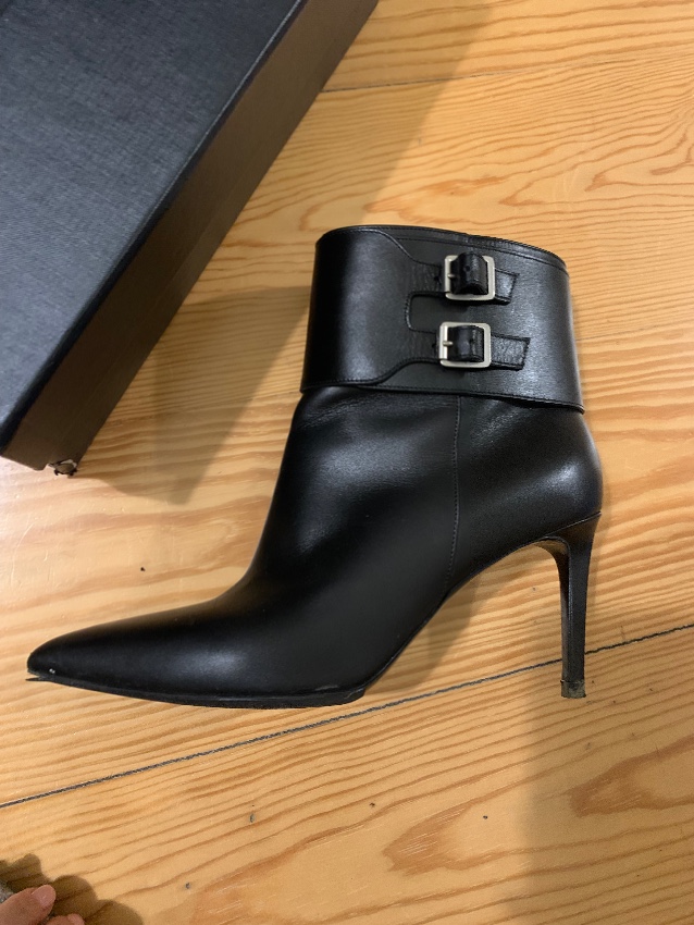 Preowned Saint Laurent Black Leather Wrap Buckle Ankle Boots Size 39