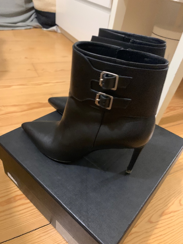 Preowned Saint Laurent Black Leather Wrap Buckle Ankle Boots Size 39