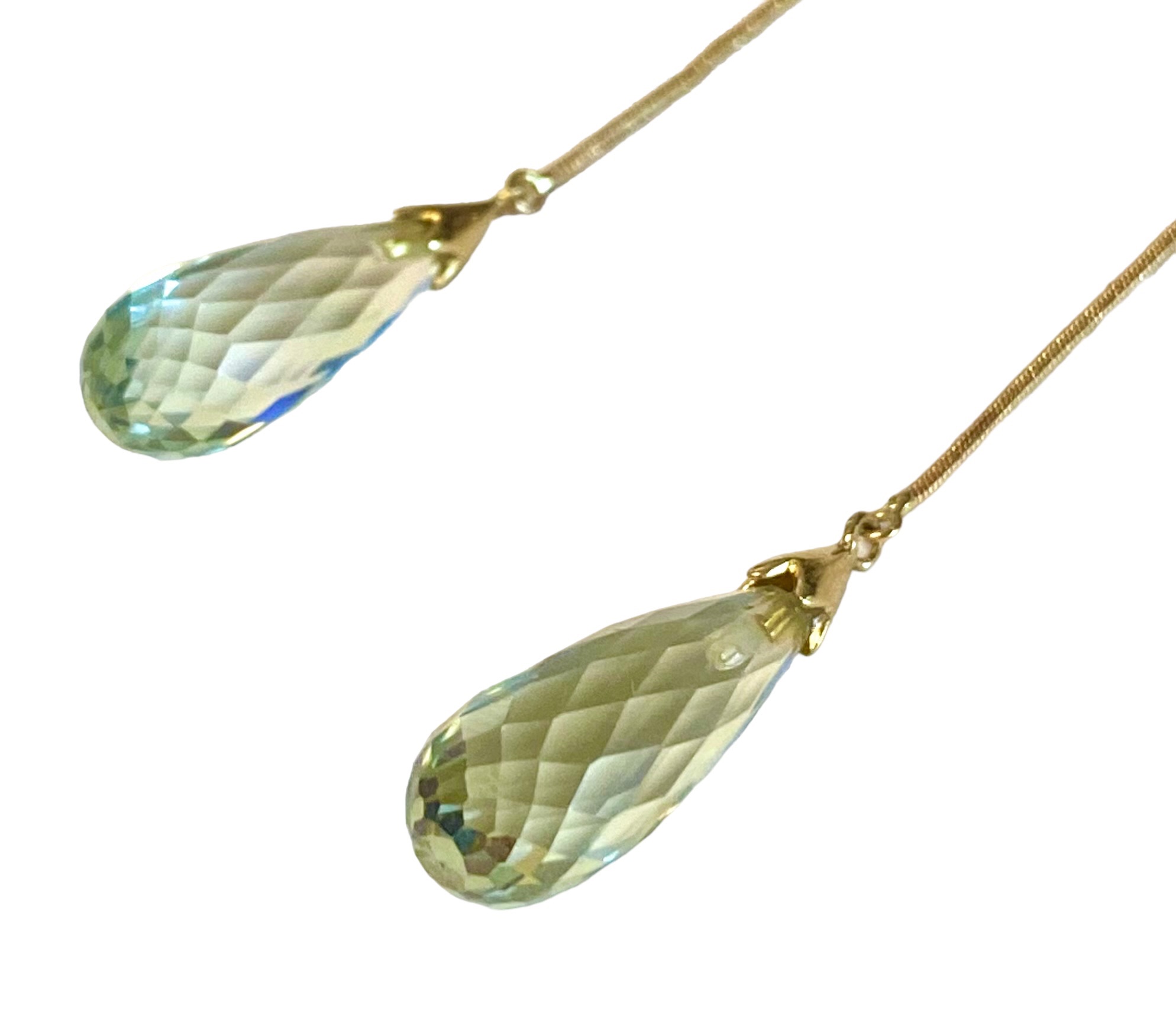 Preowned Yellow Gold Briolette Quartz Drop Earrings green quartz/gold