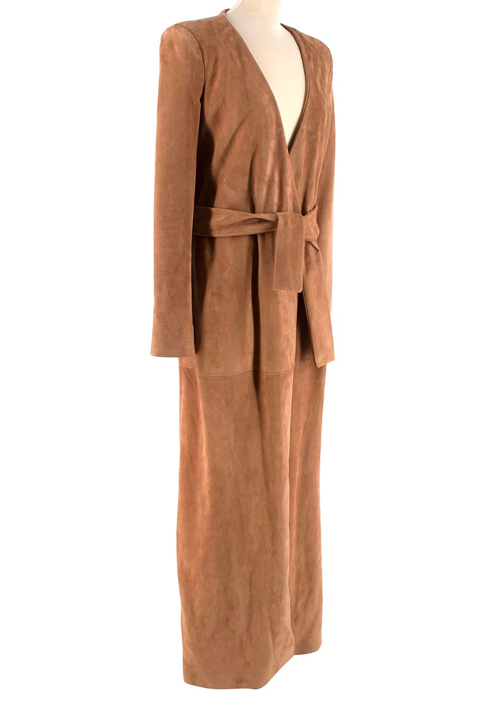 Preowned Balmain Tan Suede Self Tie Maxi Coat Size M viscose/cotton