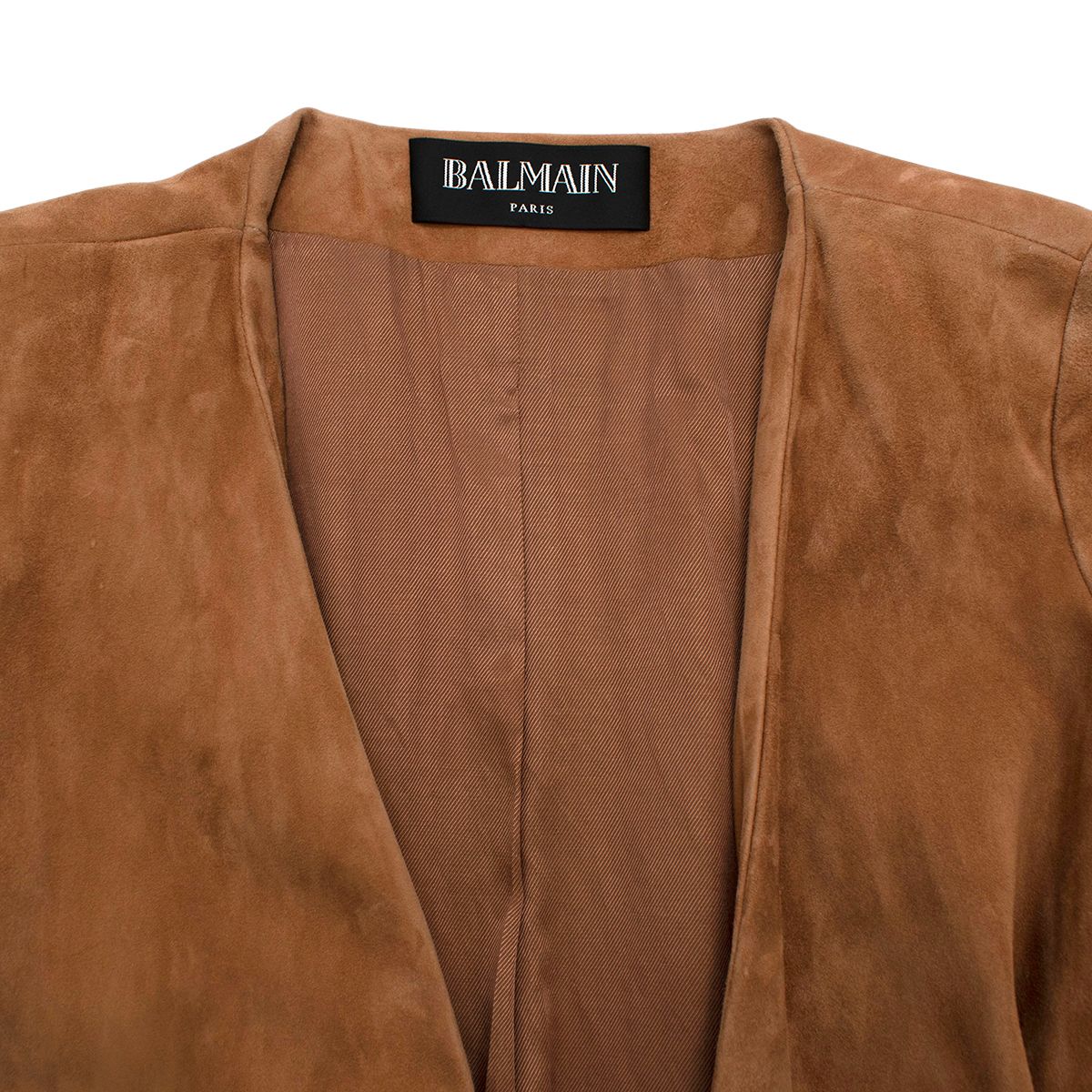 Preowned Balmain Tan Suede Self Tie Maxi Coat Size M viscose/cotton