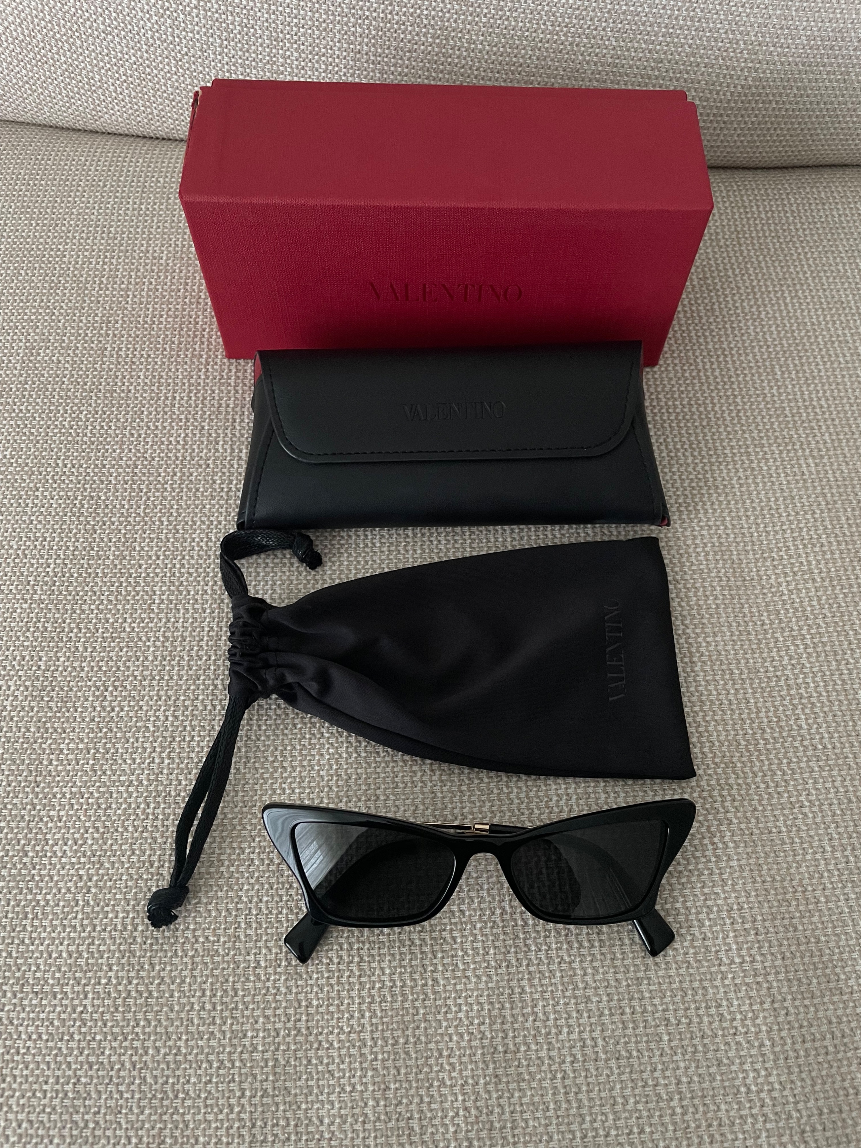 Preowned Valentino Black Cat Eye Sunglasses Black  gold with black  red packaging acetate frame/gold-tone hardware