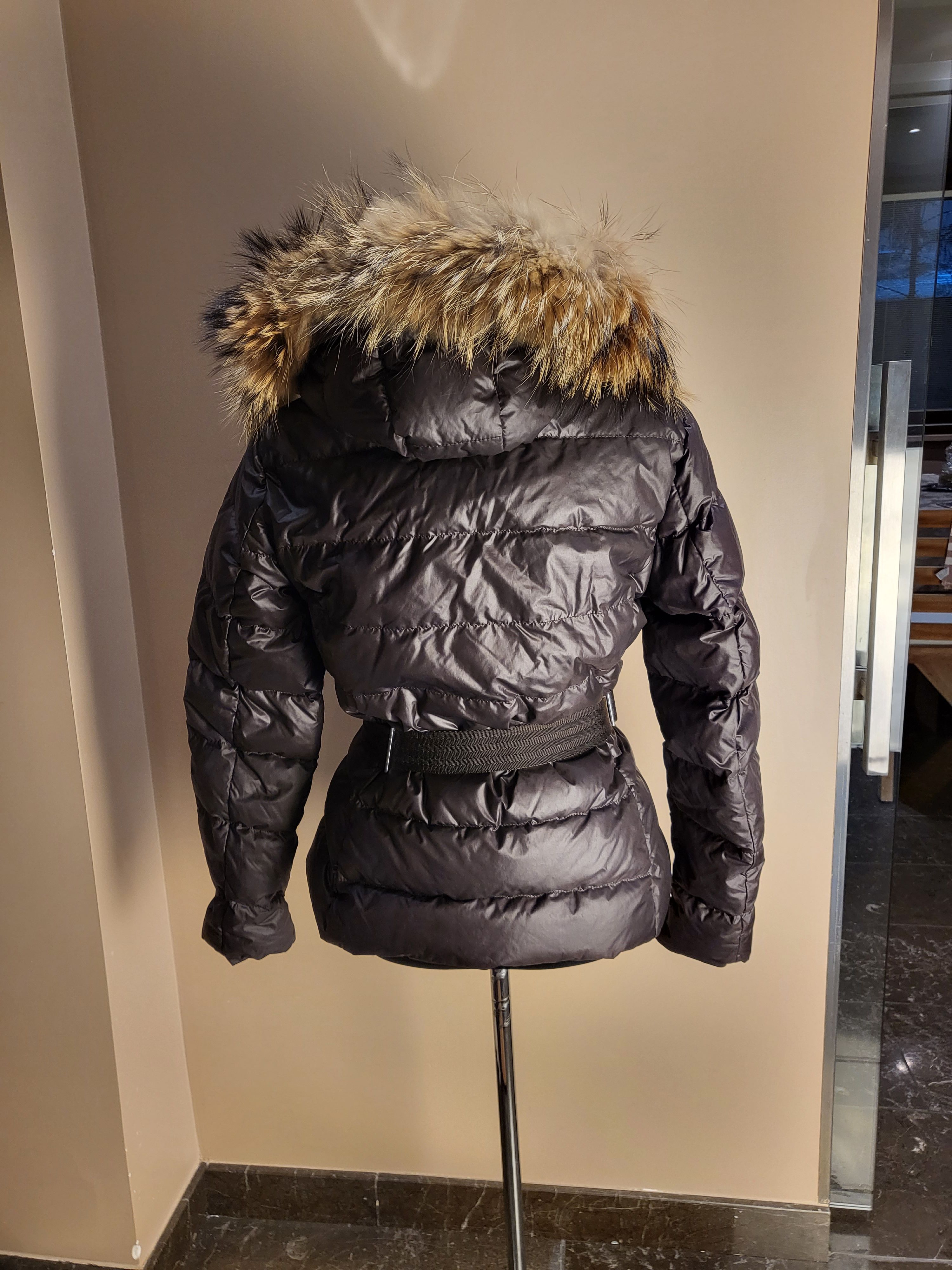 Preowned Moncler Angers Down Jacket with Fur Trim Size M Brown polyester