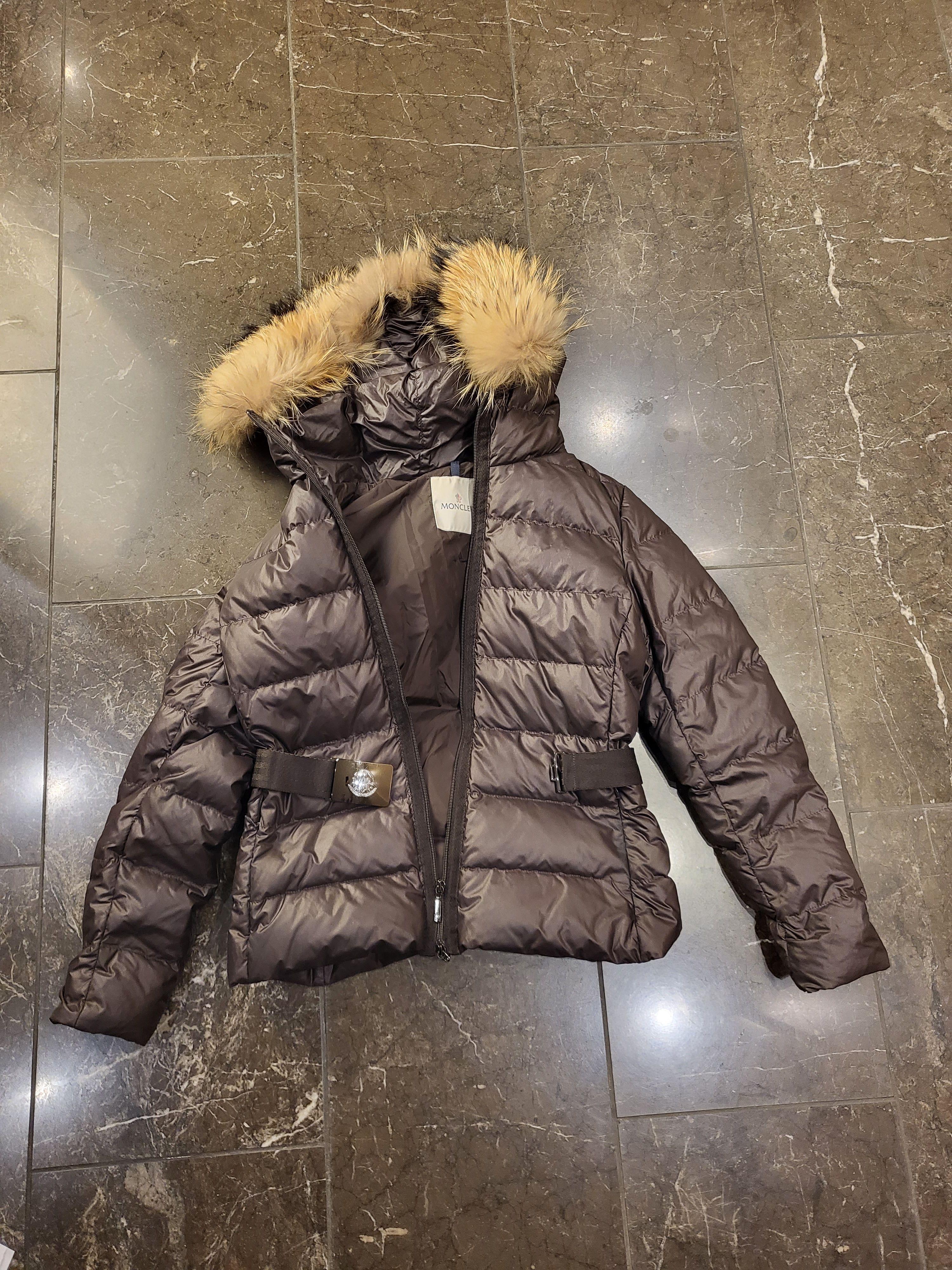 Preowned Moncler Angers Down Jacket with Fur Trim Size M Brown polyester