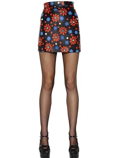 Saint Laurent Floral Printed Leather Skirt Size XS Black