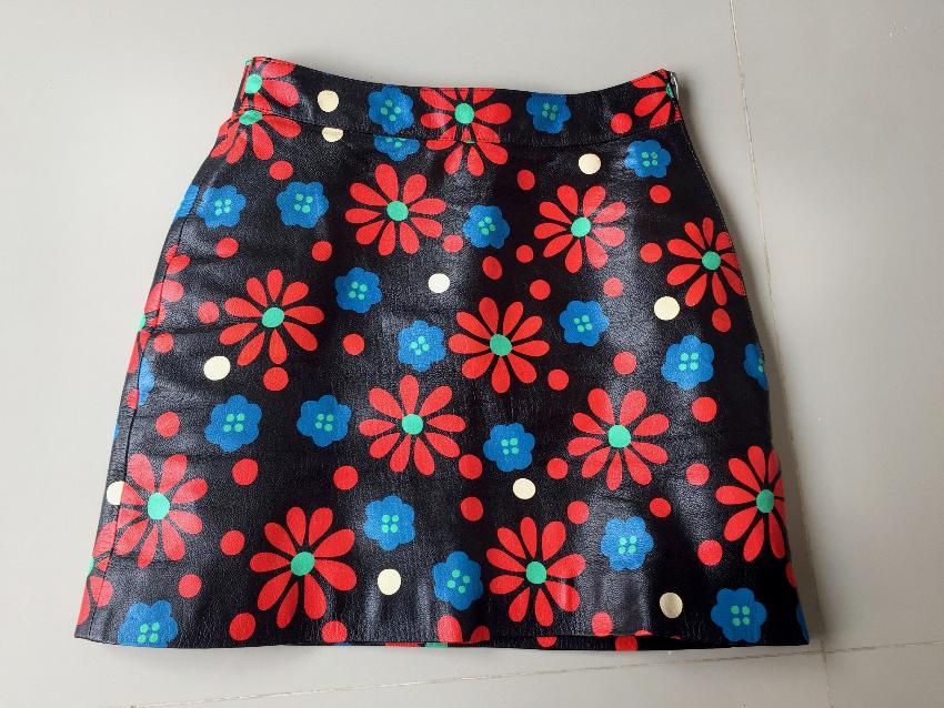 Saint Laurent Floral Printed Leather Skirt Size XS Black