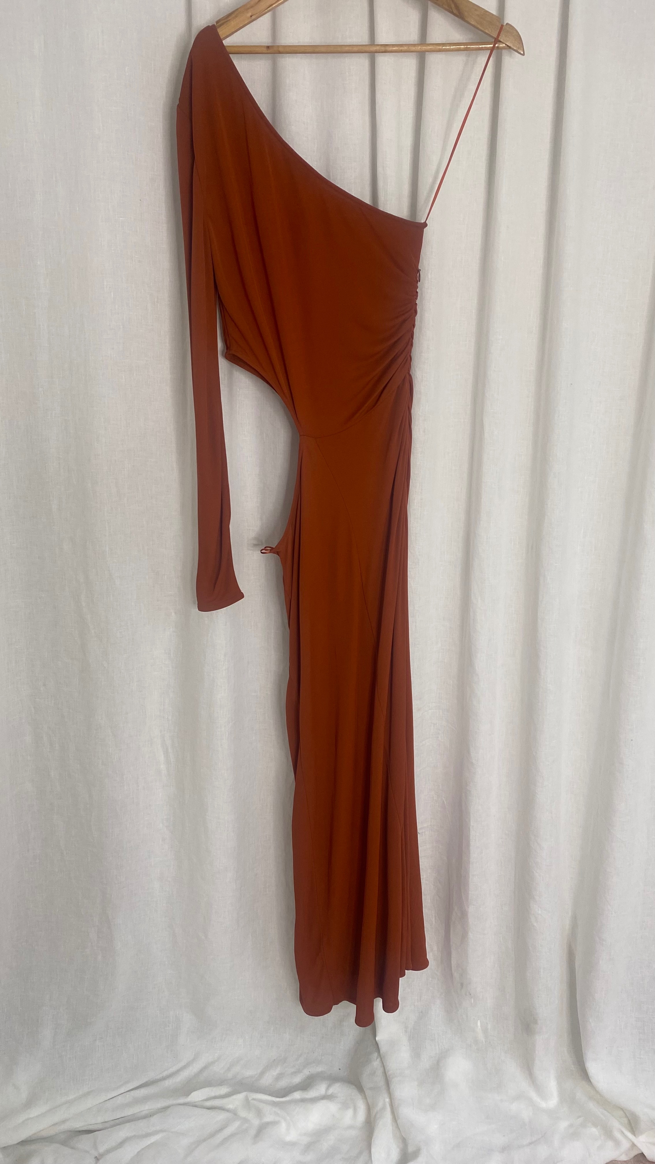 Dundas Burnt Orange One Shoulder Ruched Dress Size M Cinnamon viscose