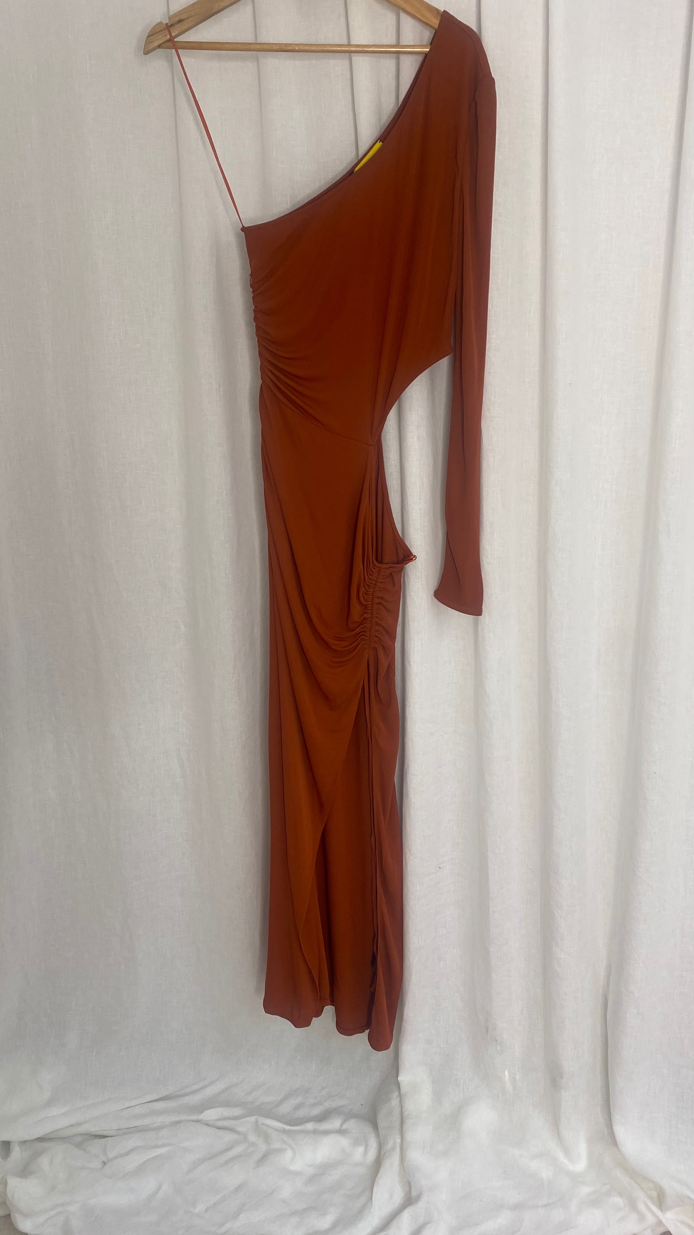 Dundas Burnt Orange One Shoulder Ruched Dress Size M Cinnamon viscose