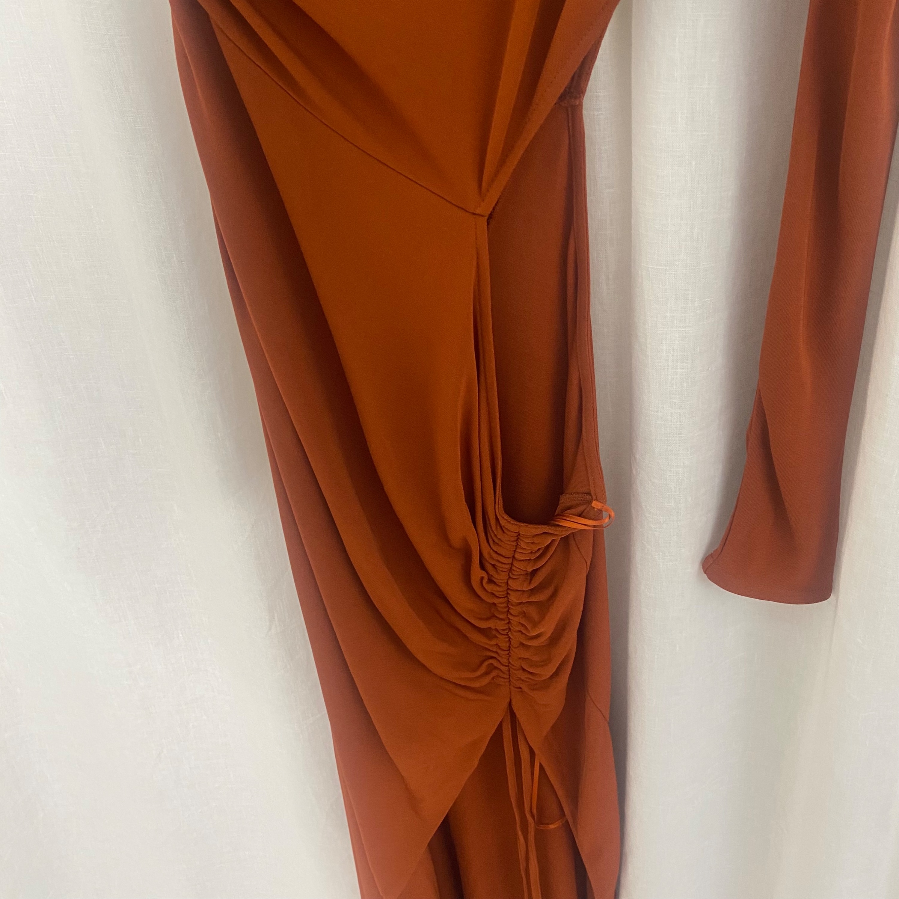 Dundas Burnt Orange One Shoulder Ruched Dress Size M Cinnamon viscose