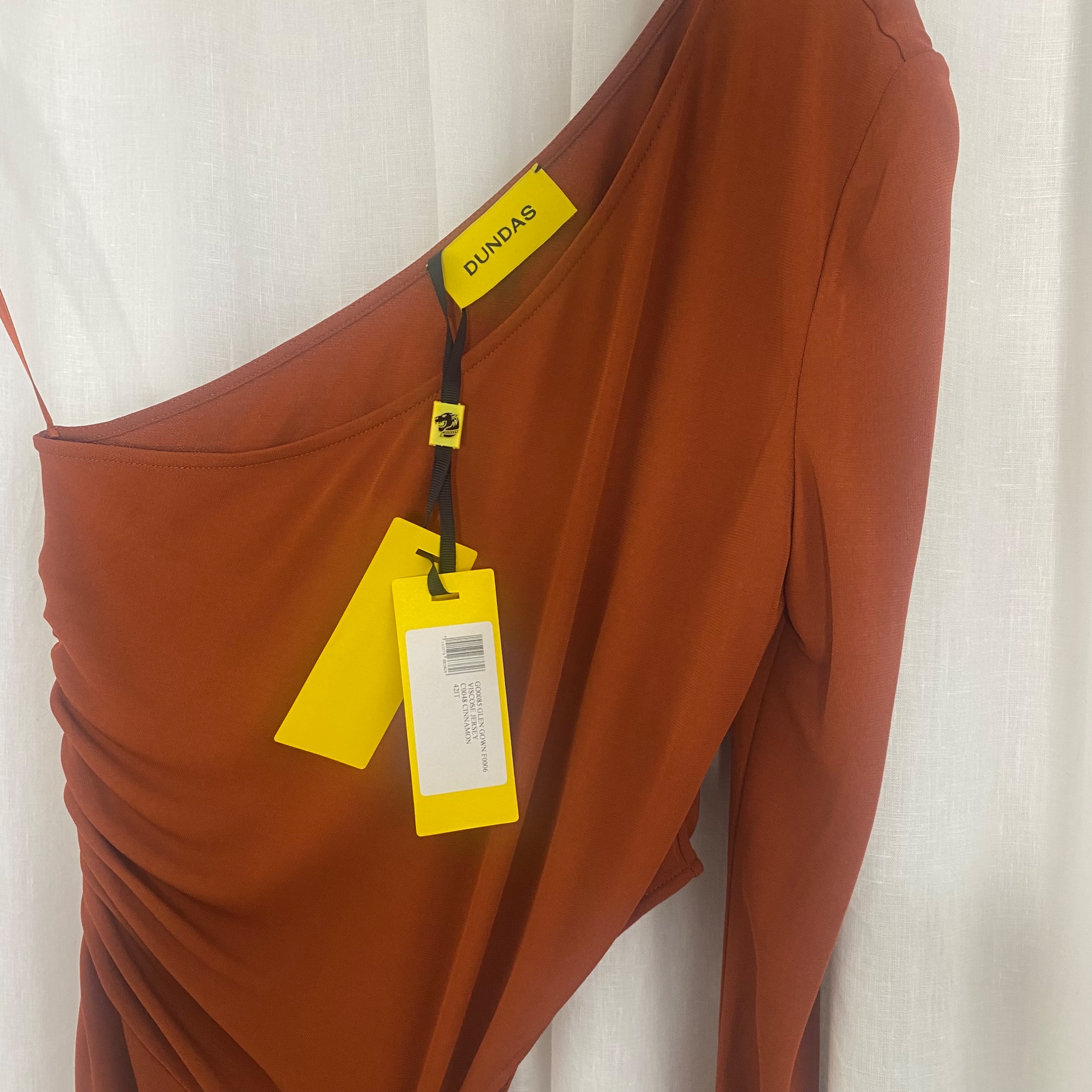 Dundas Burnt Orange One Shoulder Ruched Dress Size M Cinnamon viscose