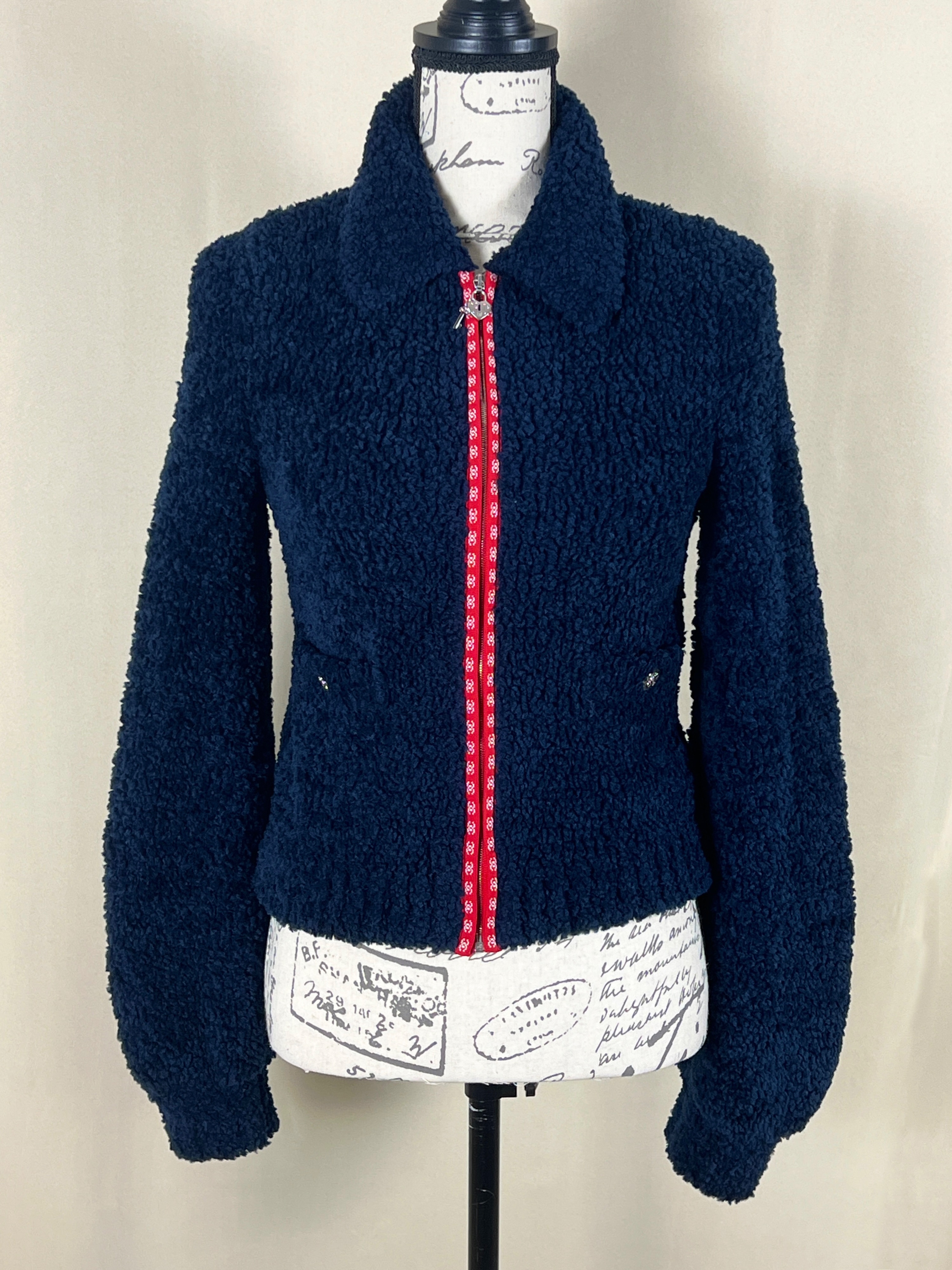 Chanel Iconic CC Logo Teddy Jacket Size XS navy wool